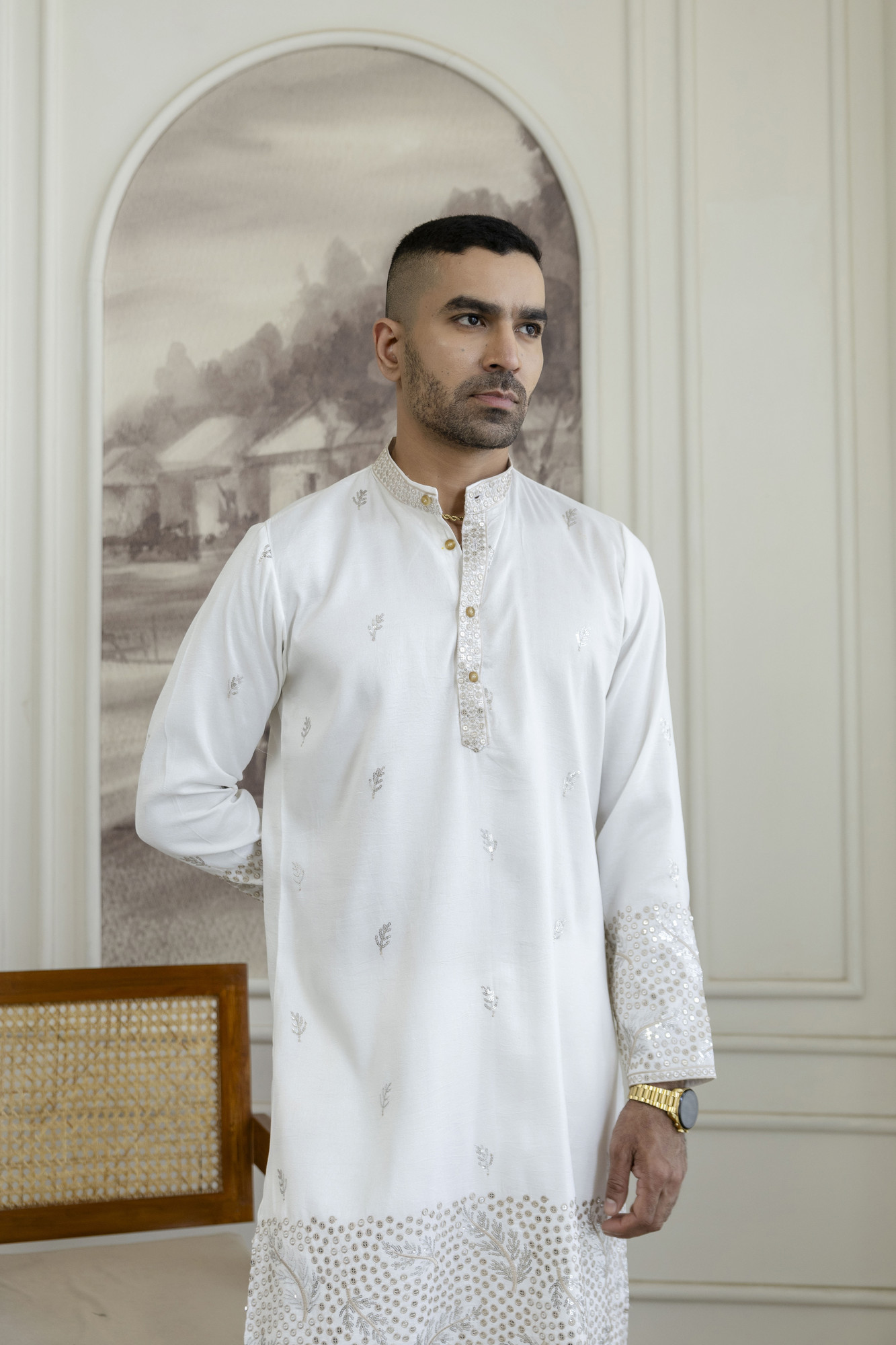 Embroidered Daman Work Kurta In Brown