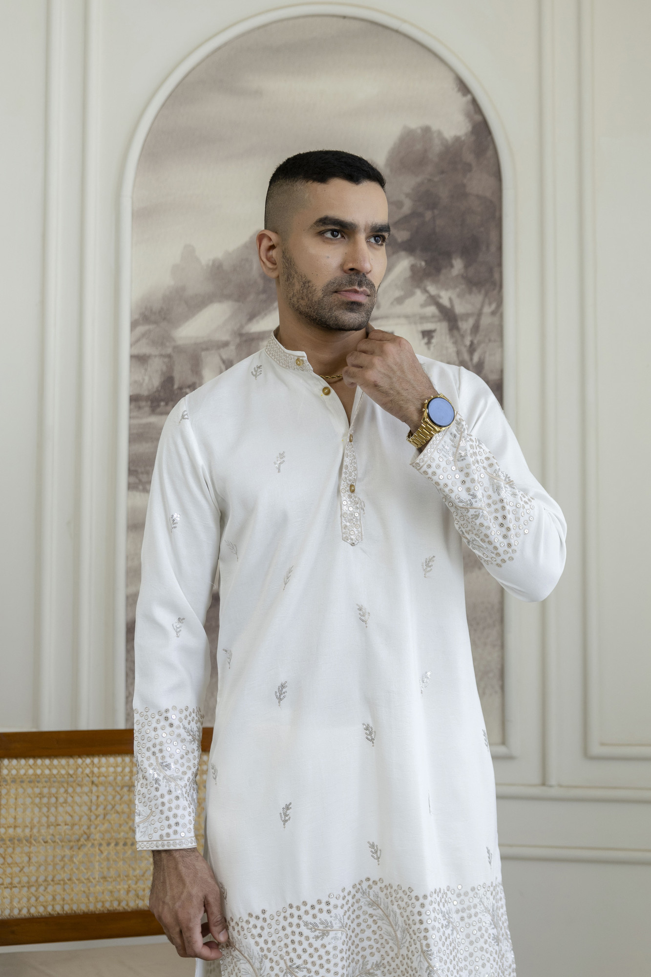 Embroidered Daman Work Kurta In Brown