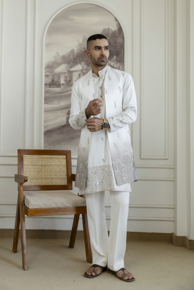 Image of Ombre Embroidered High Neck Jacket In Brown