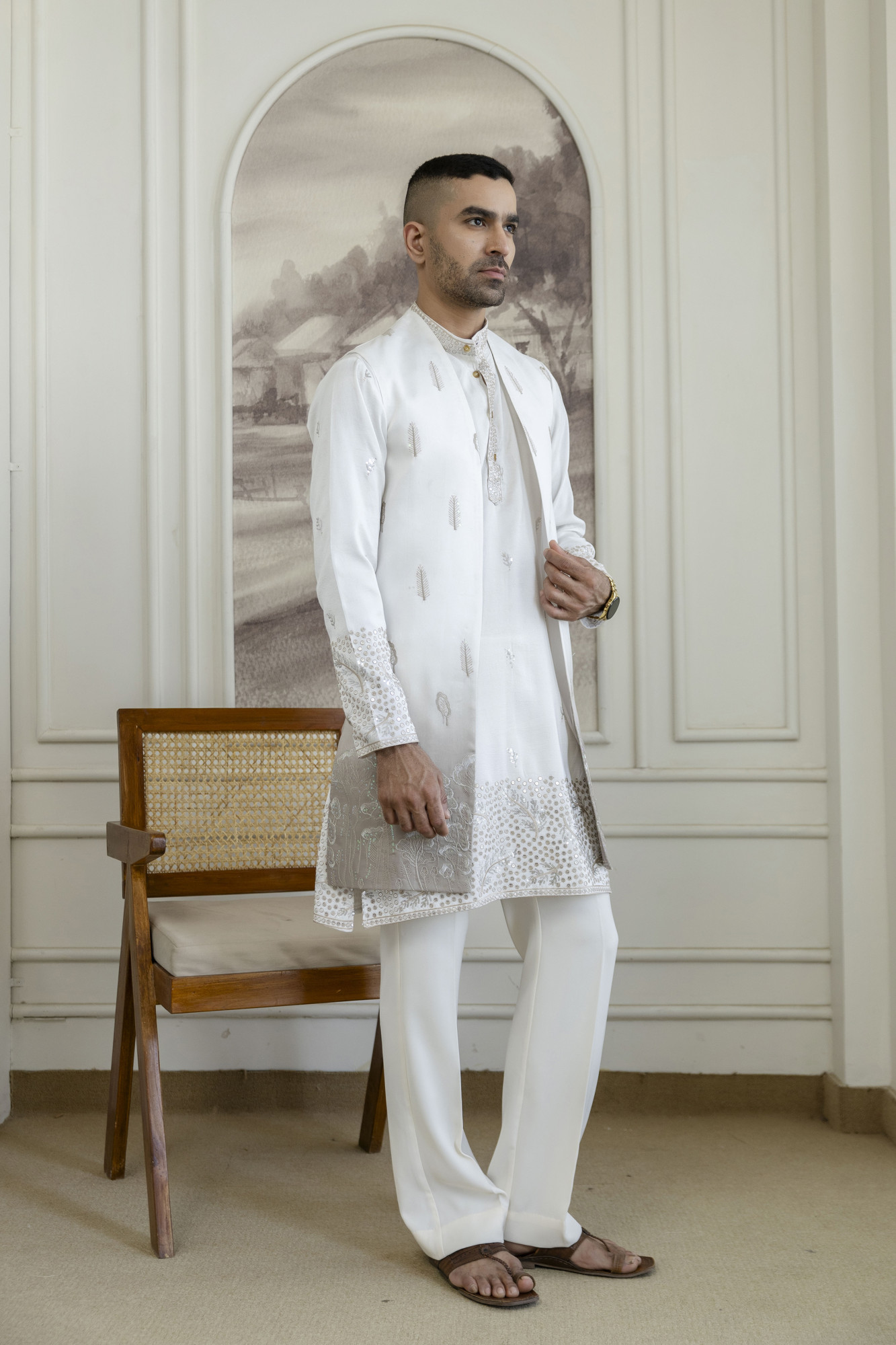 Ombre Embroidered High Neck Jacket In Brown