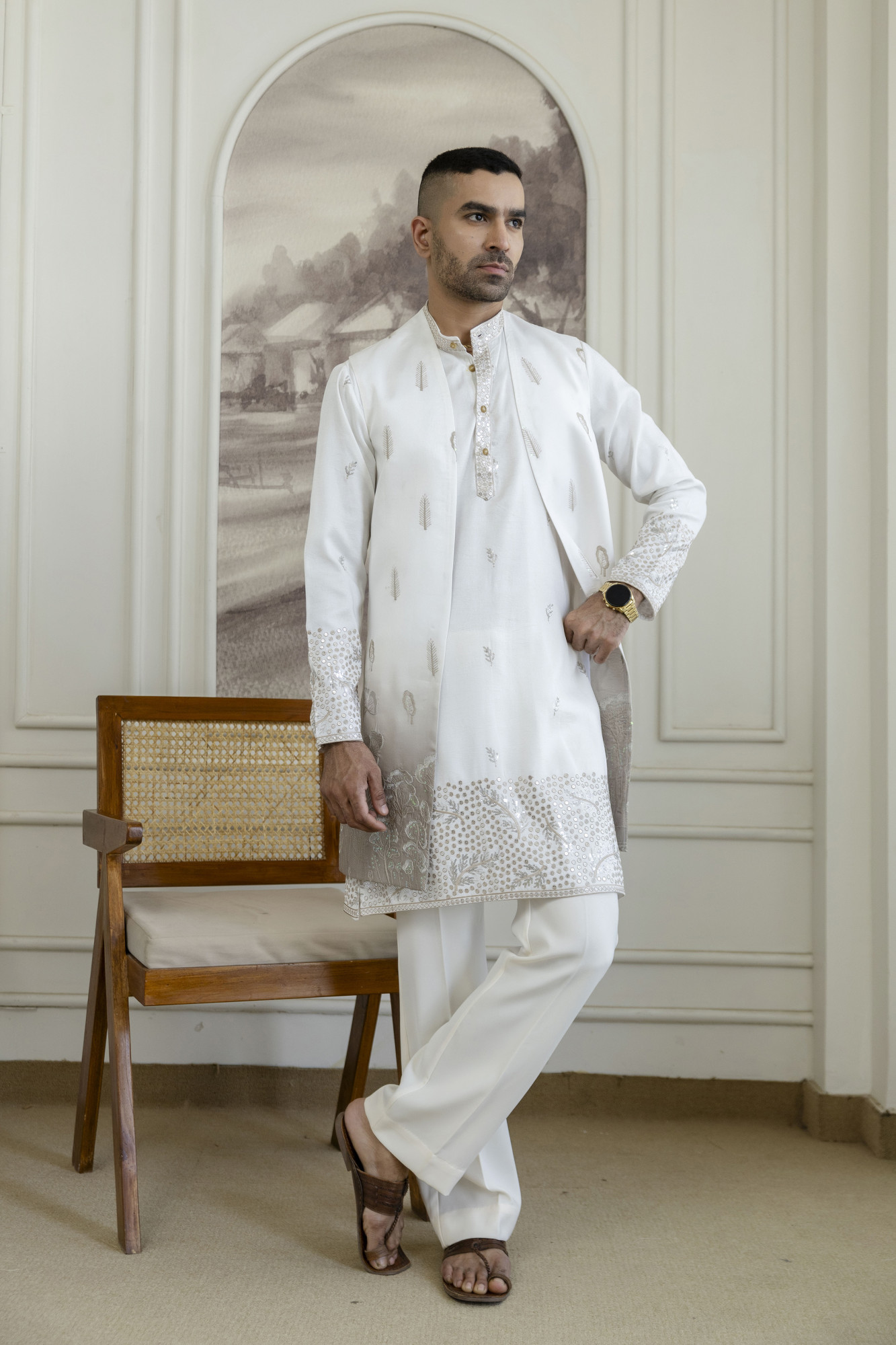 Ombre Embroidered High Neck Jacket In Brown