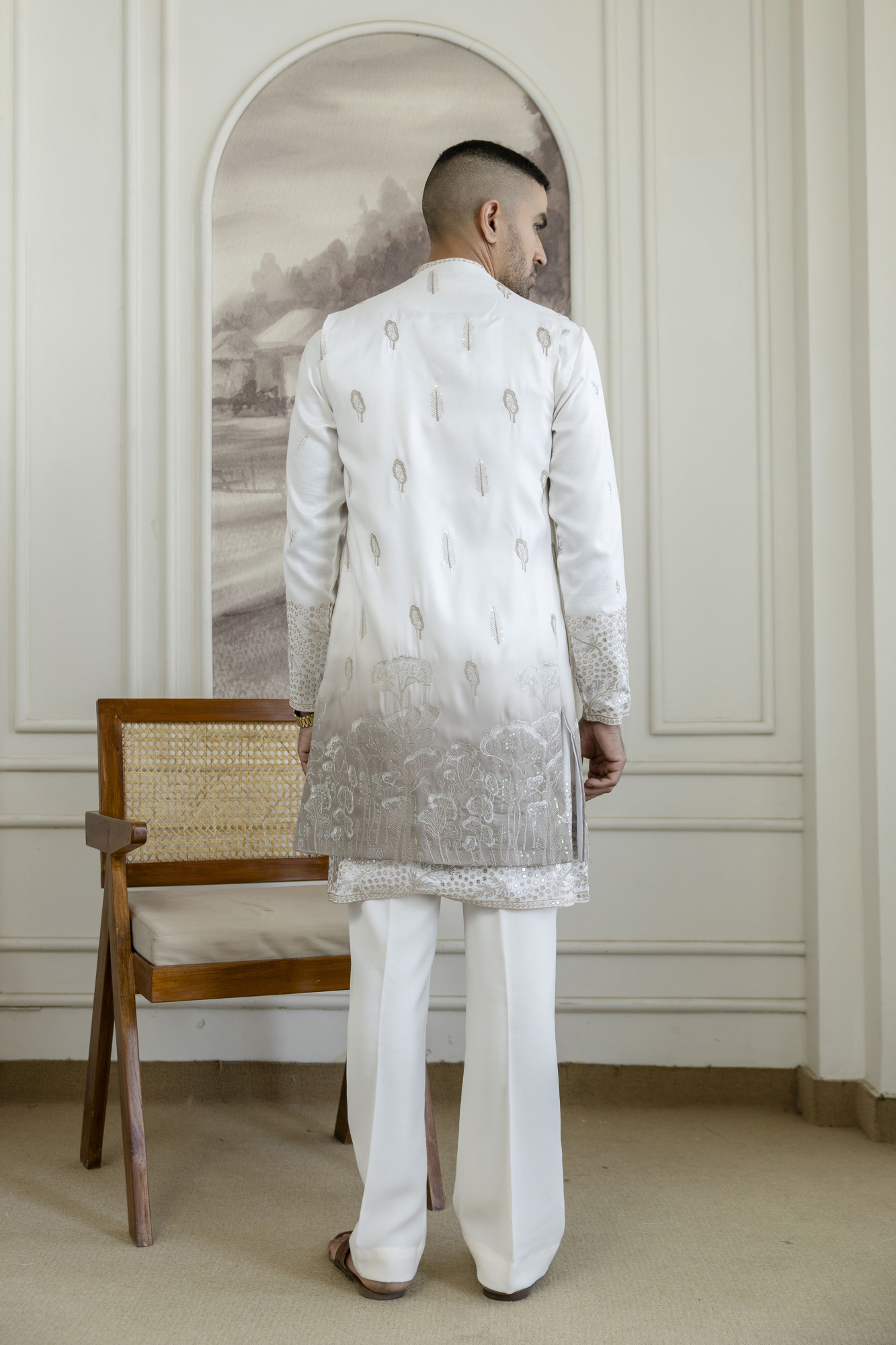 Ombre Embroidered High Neck Jacket In Brown