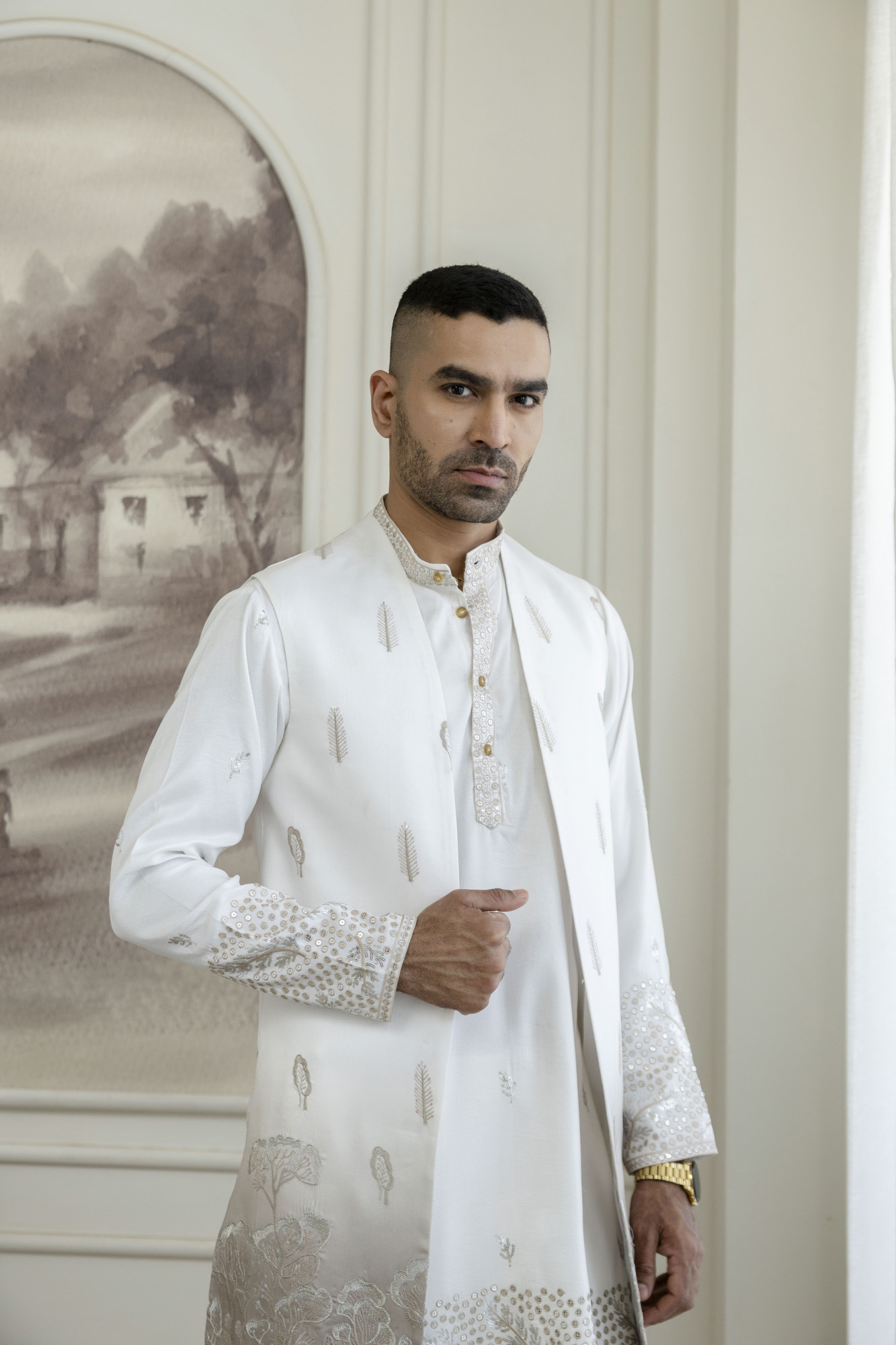 Ombre Embroidered High Neck Jacket In Brown