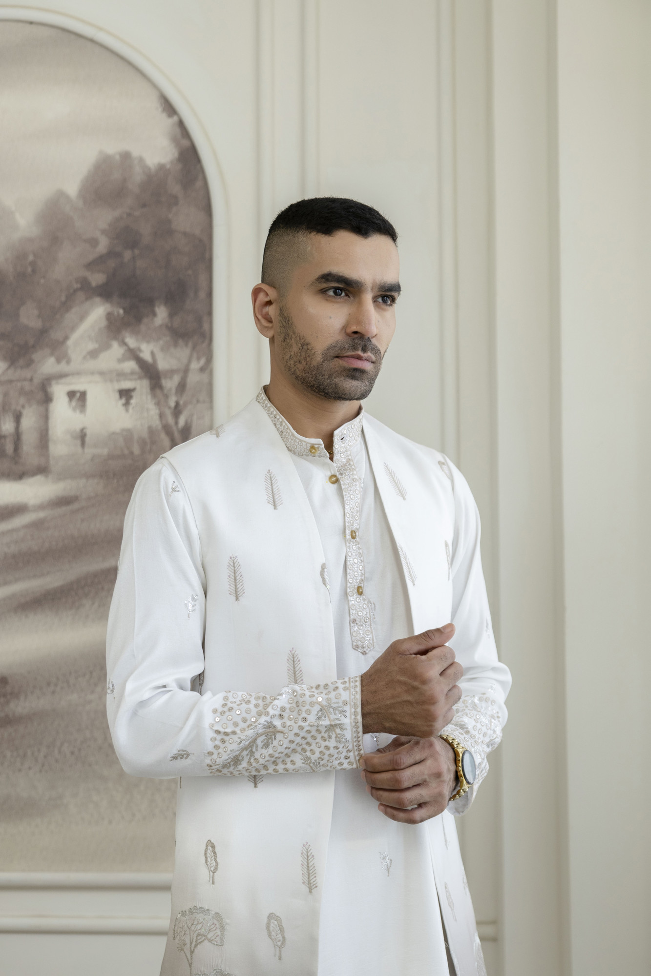 Ombre Embroidered High Neck Jacket In Brown