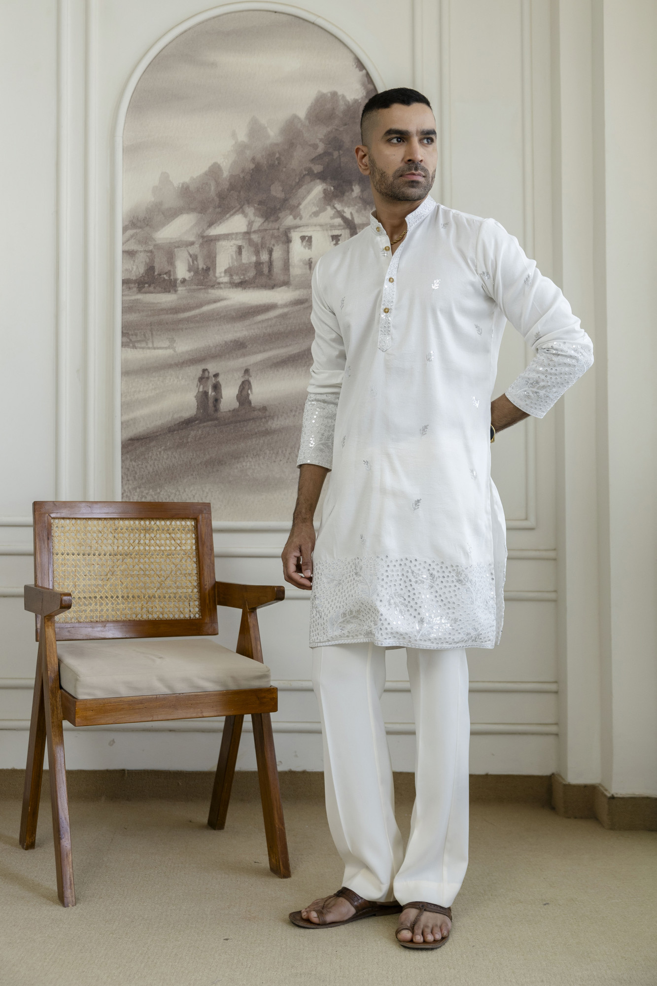 Embroidered Daman Work Kurta In Silver