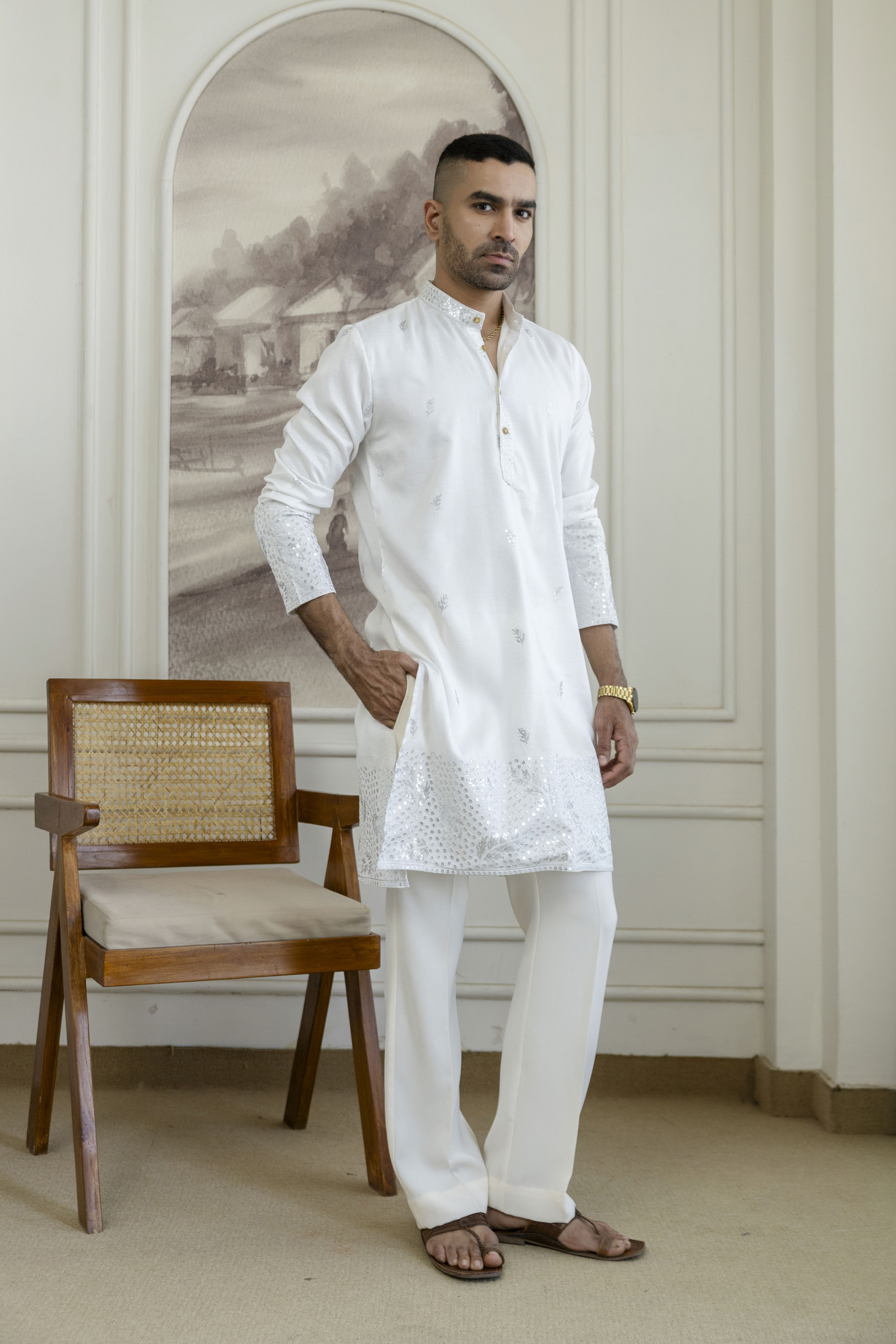 Embroidered Daman Work Kurta In Silver