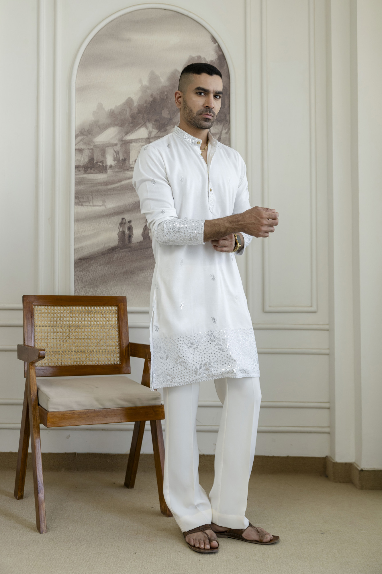 Embroidered Daman Work Kurta In Silver