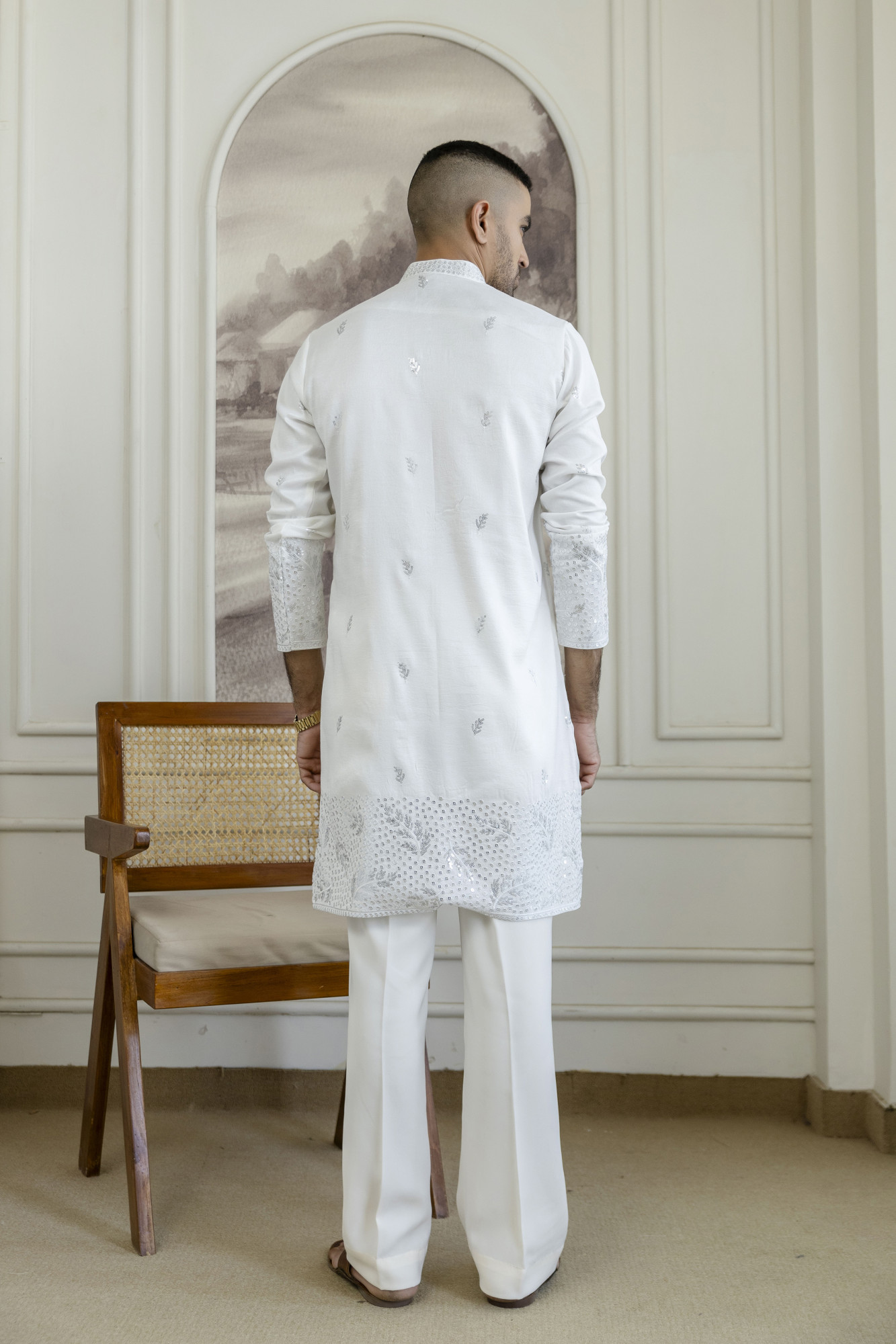 Embroidered Daman Work Kurta In Silver