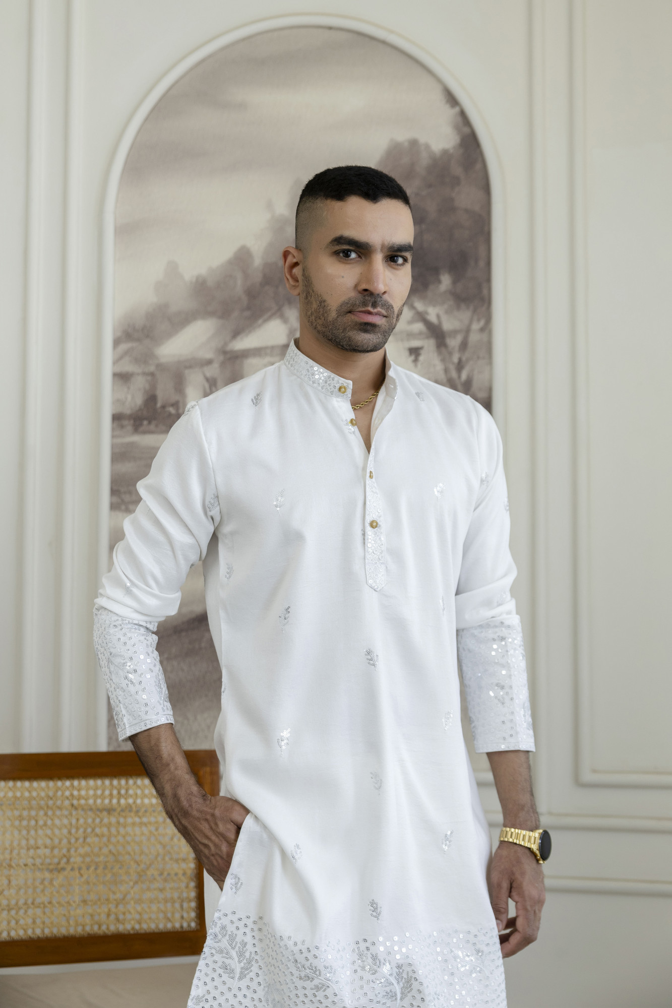 Embroidered Daman Work Kurta In Silver