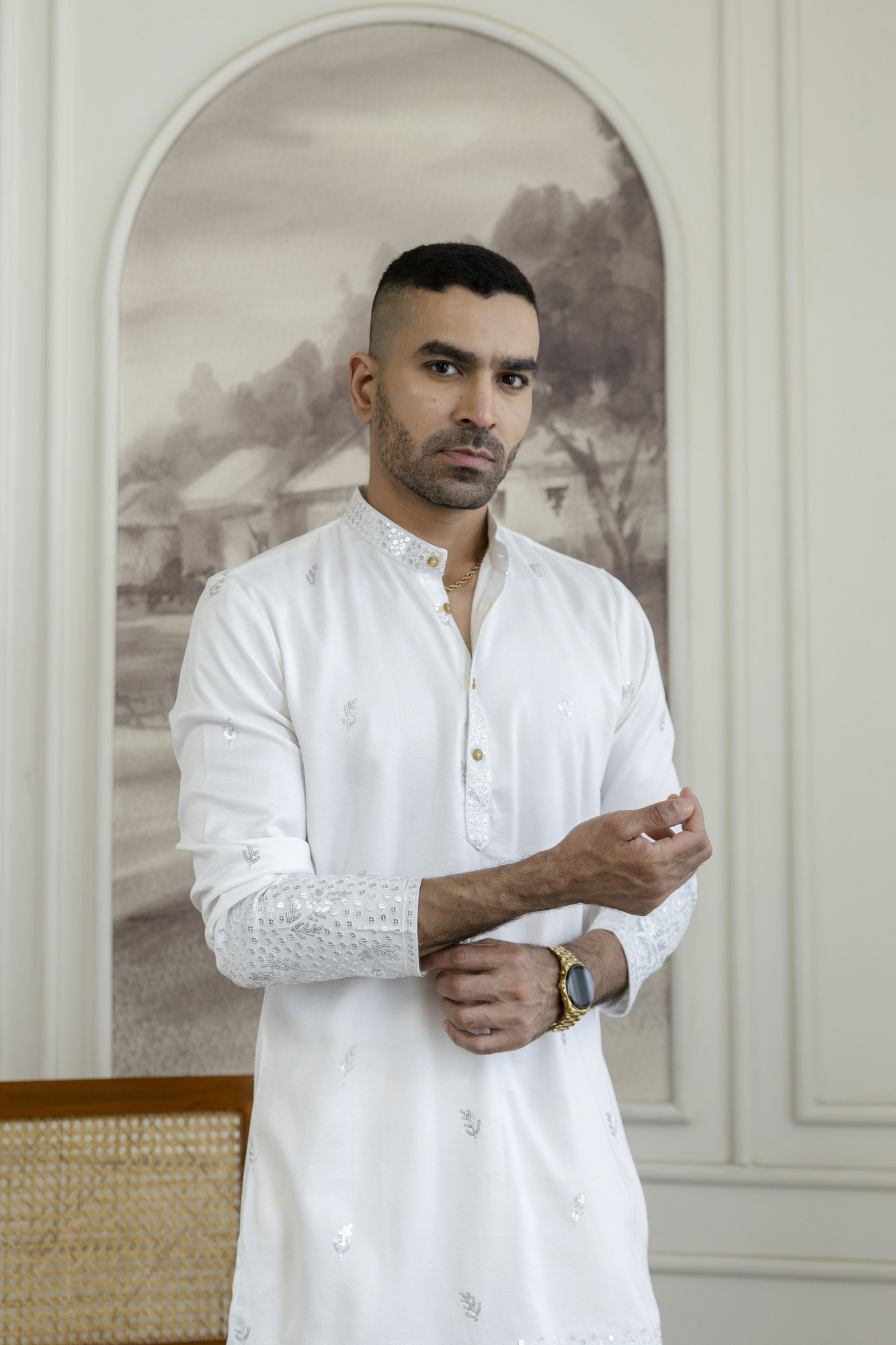 Embroidered Daman Work Kurta In Silver