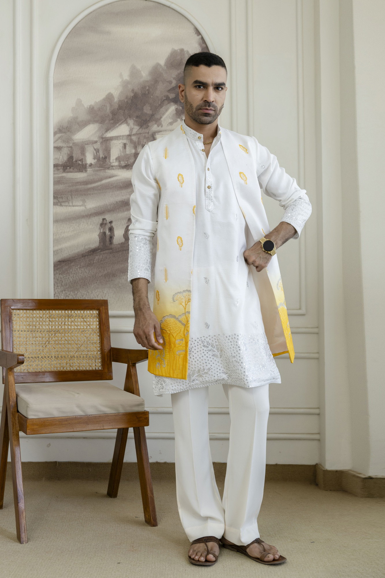 Ombre Embroidered High Neck Jacket In Yellow