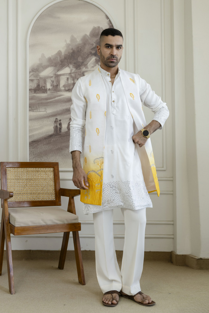 Image of Ombre Embroidered High Neck Jacket In Yellow