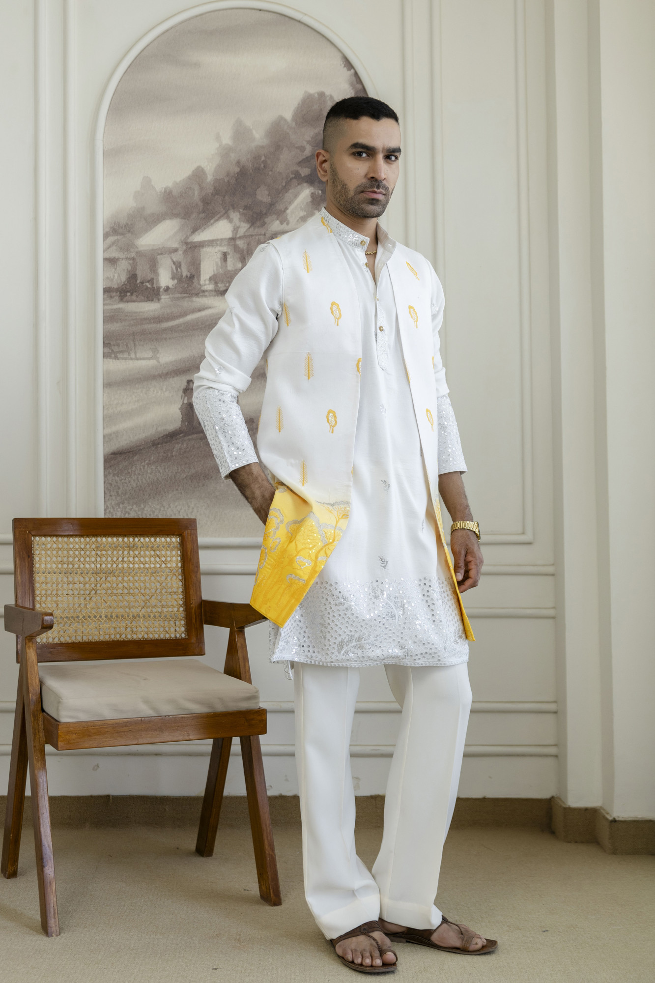 Ombre Embroidered High Neck Jacket In Yellow