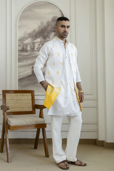 Ombre Embroidered High Neck Jacket In Yellow