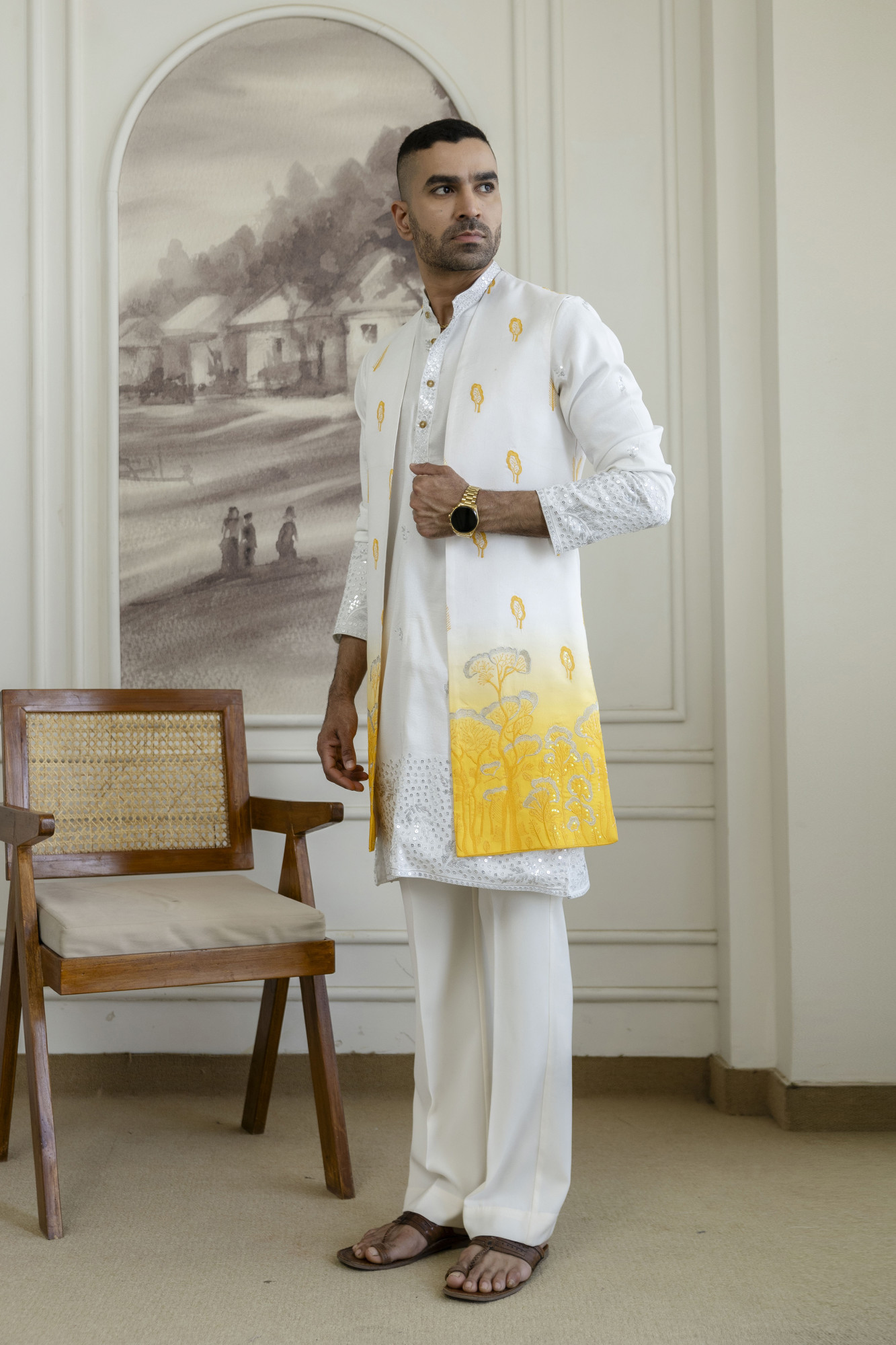 Ombre Embroidered High Neck Jacket In Yellow