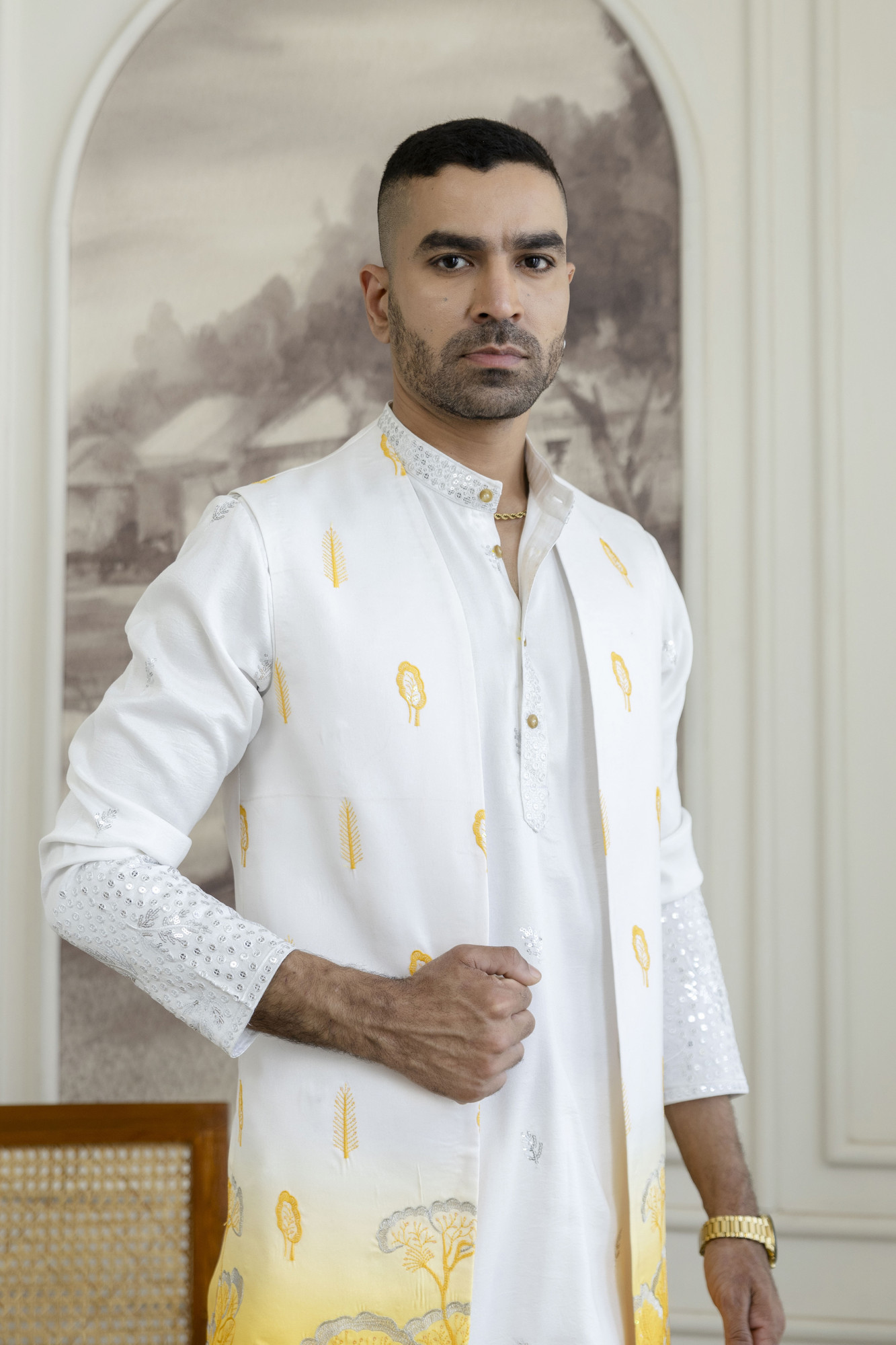 Ombre Embroidered High Neck Jacket In Yellow