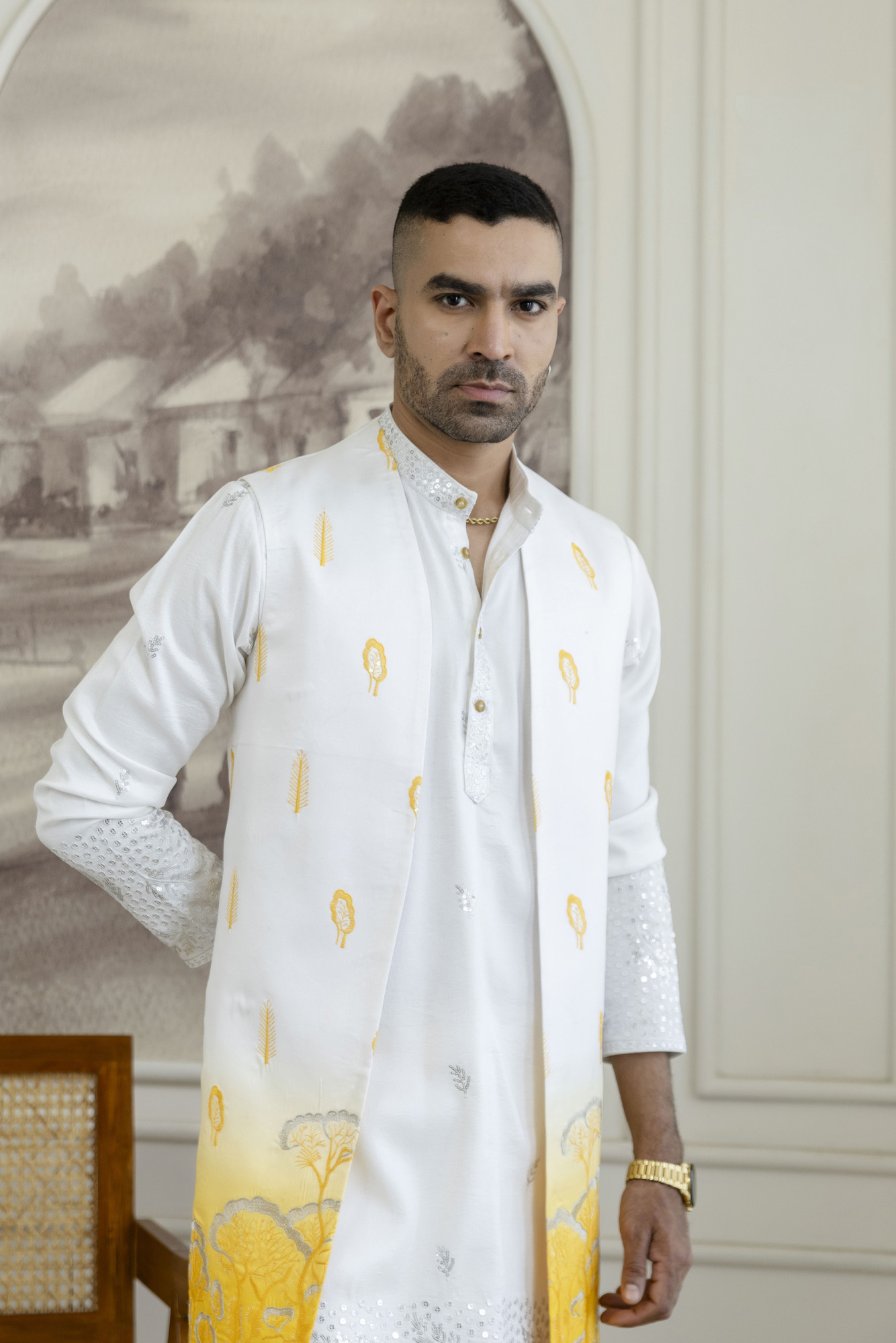 Ombre Embroidered High Neck Jacket In Yellow