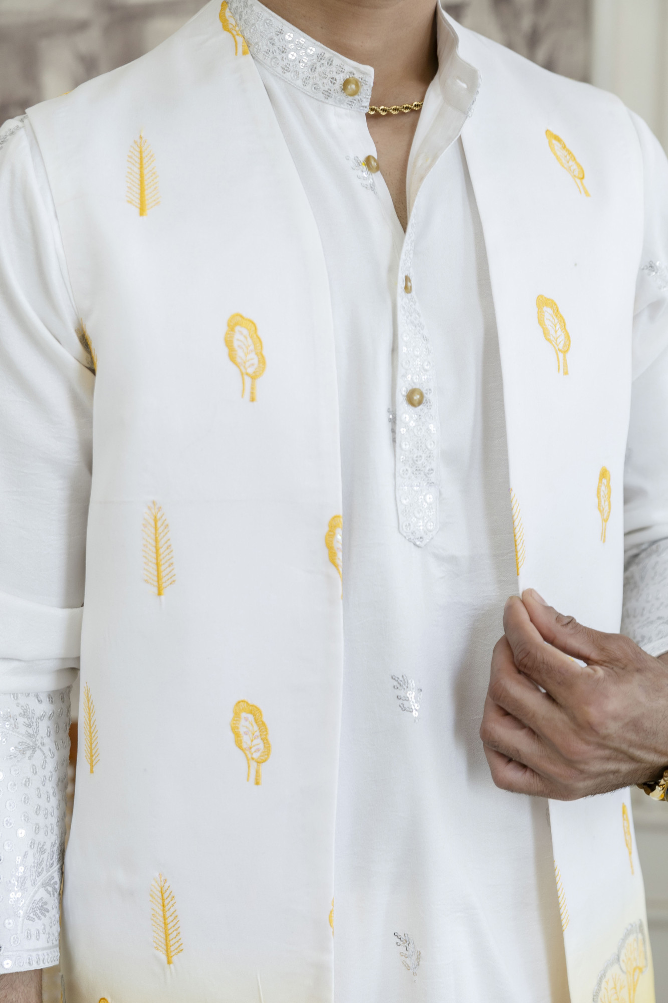 Ombre Embroidered High Neck Jacket In Yellow