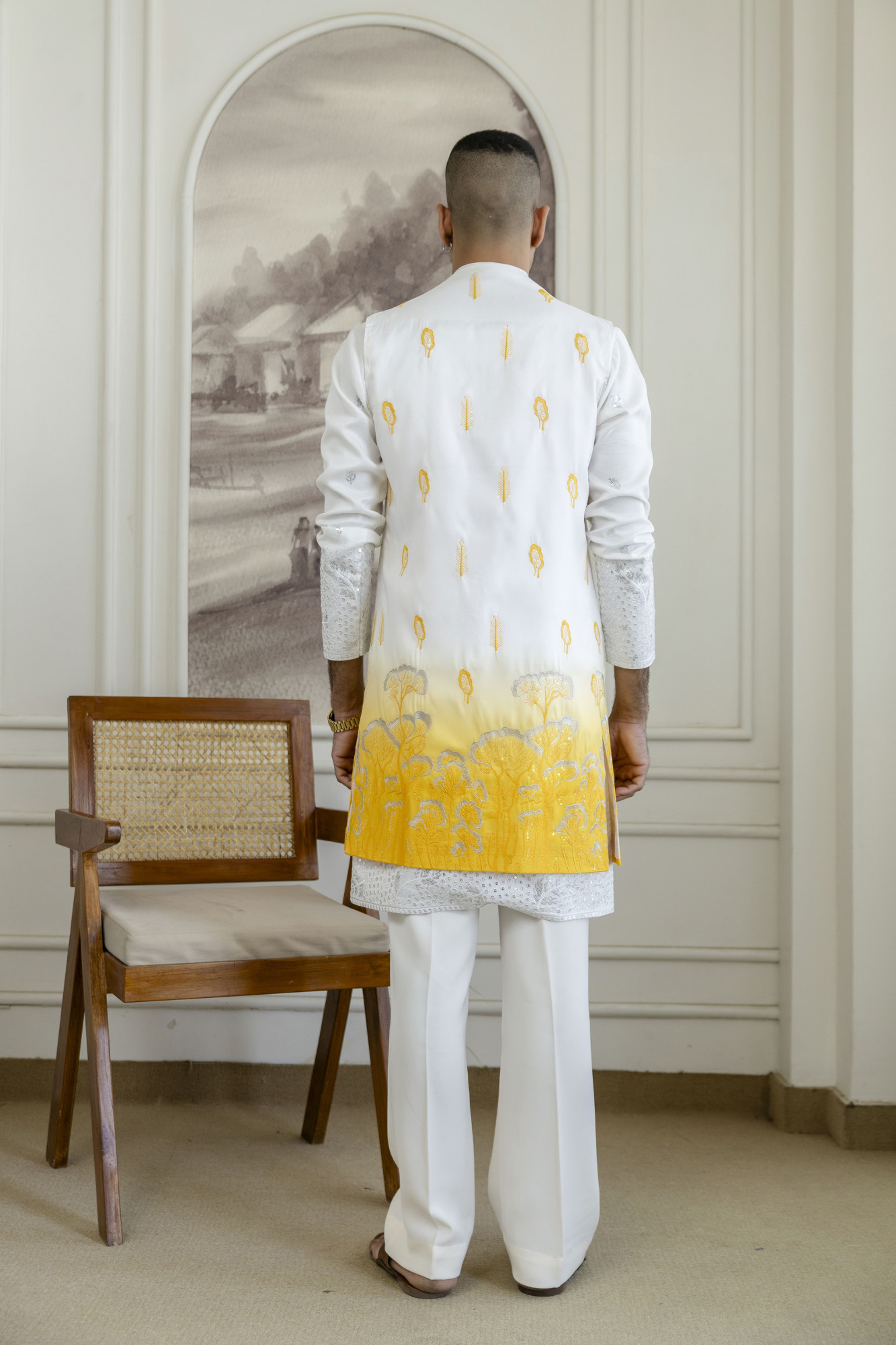 Ombre Embroidered High Neck Jacket In Yellow