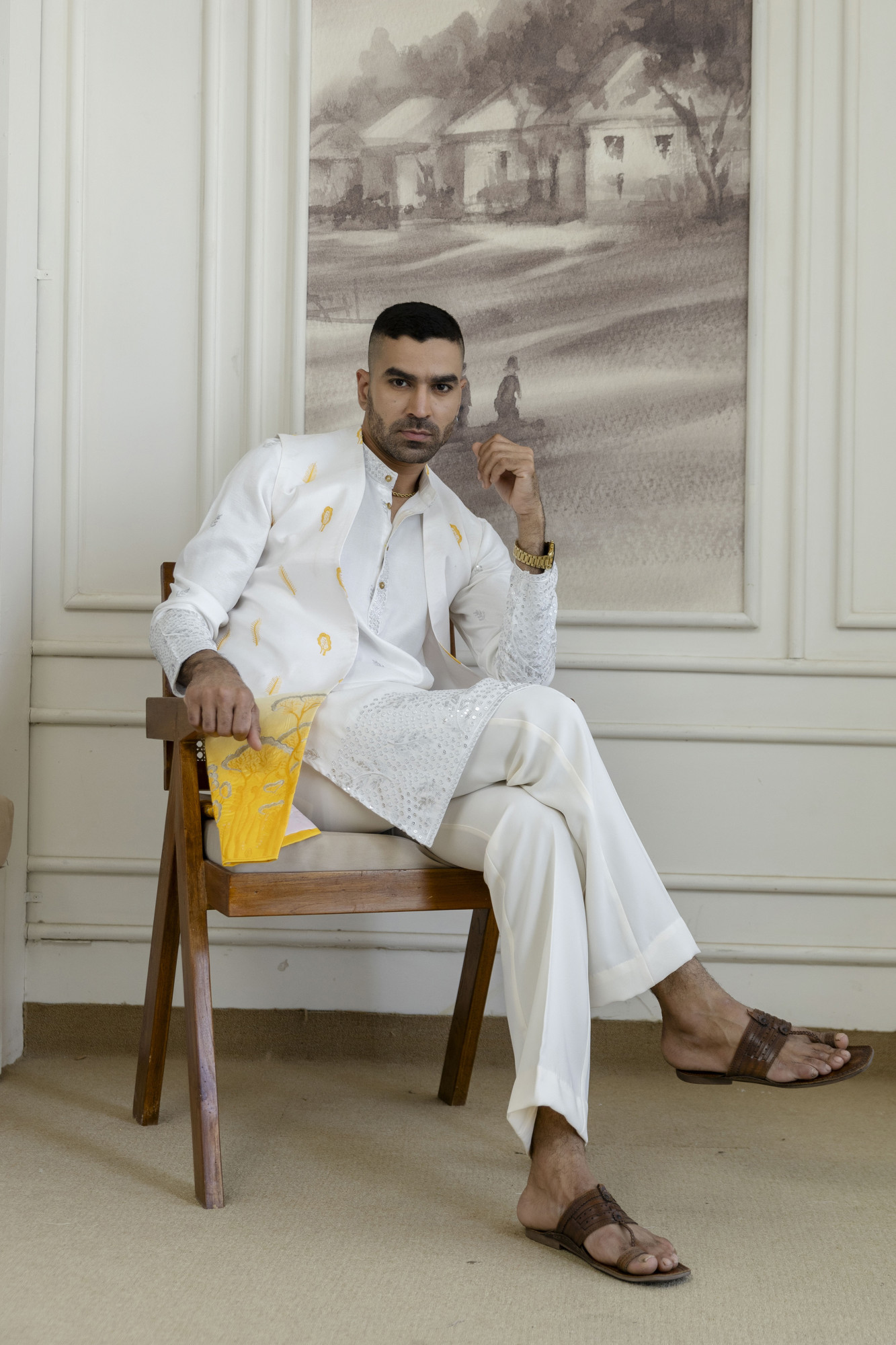 Ombre Embroidered High Neck Jacket In Yellow