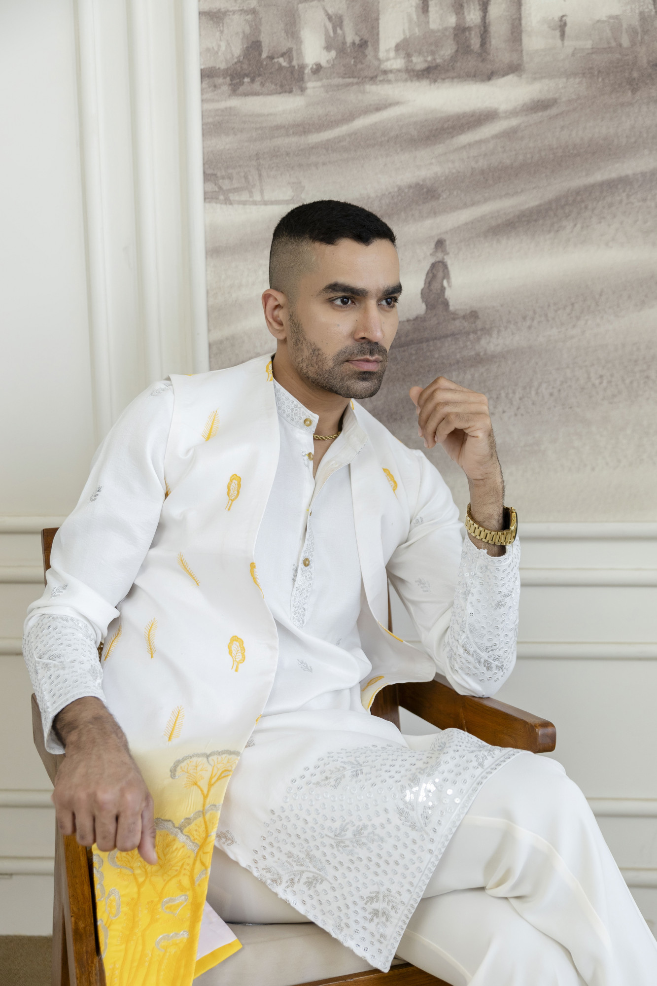 Ombre Embroidered High Neck Jacket In Yellow