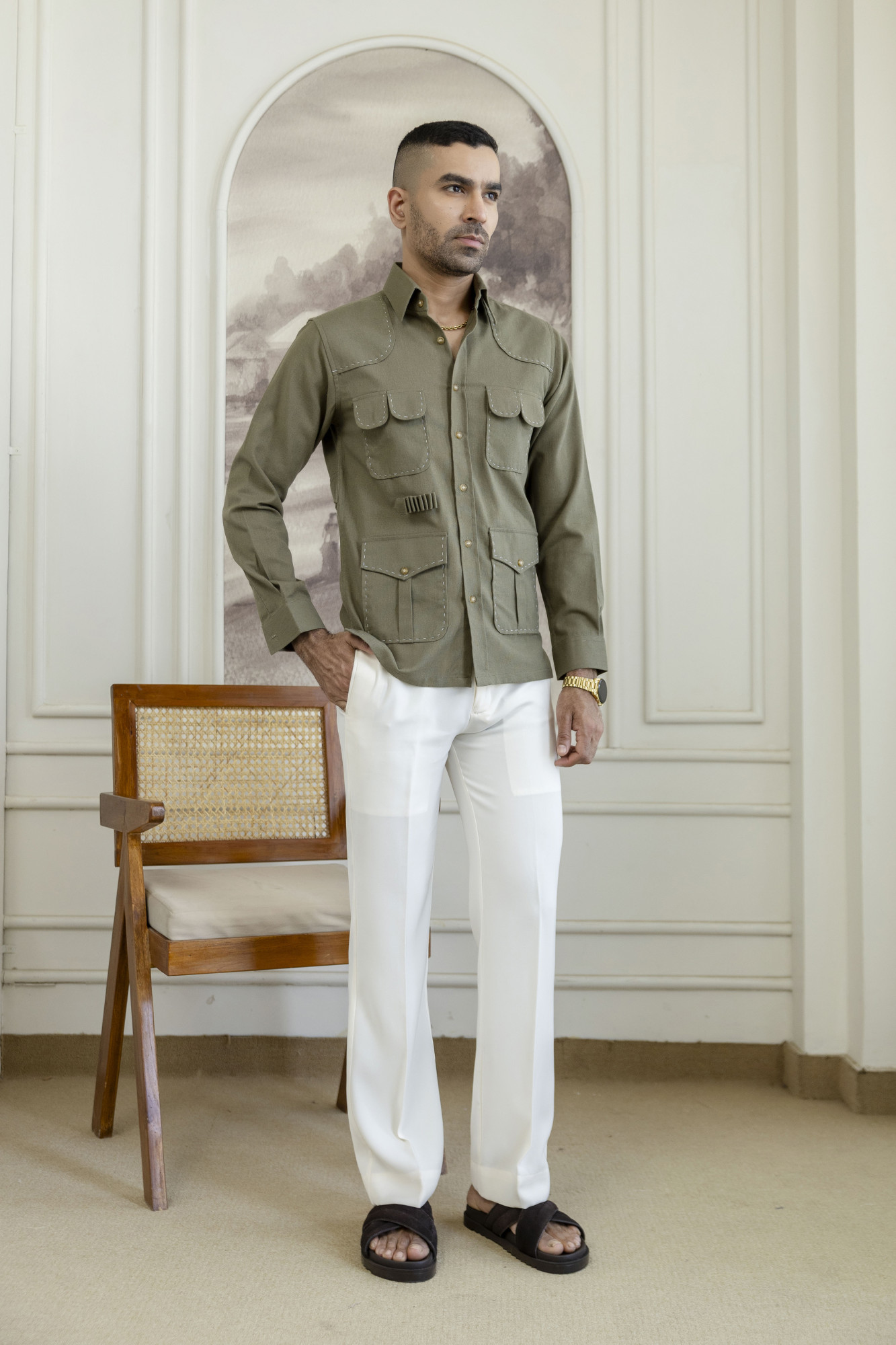 Linen Hunting Shacket In Olive