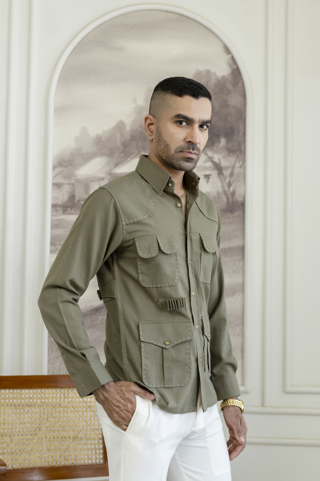 Linen Hunting Shacket In Olive
