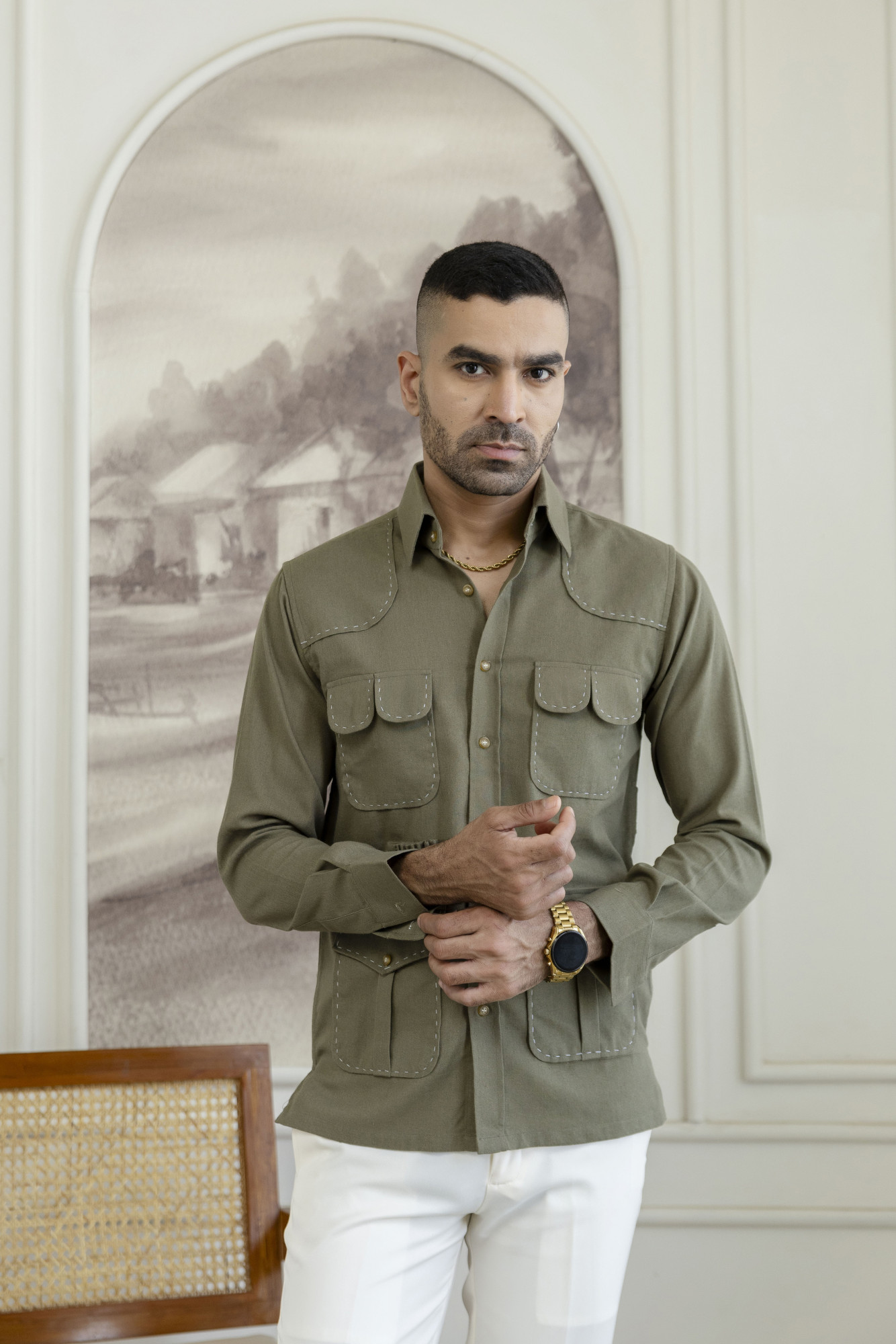 Linen Hunting Shacket In Olive