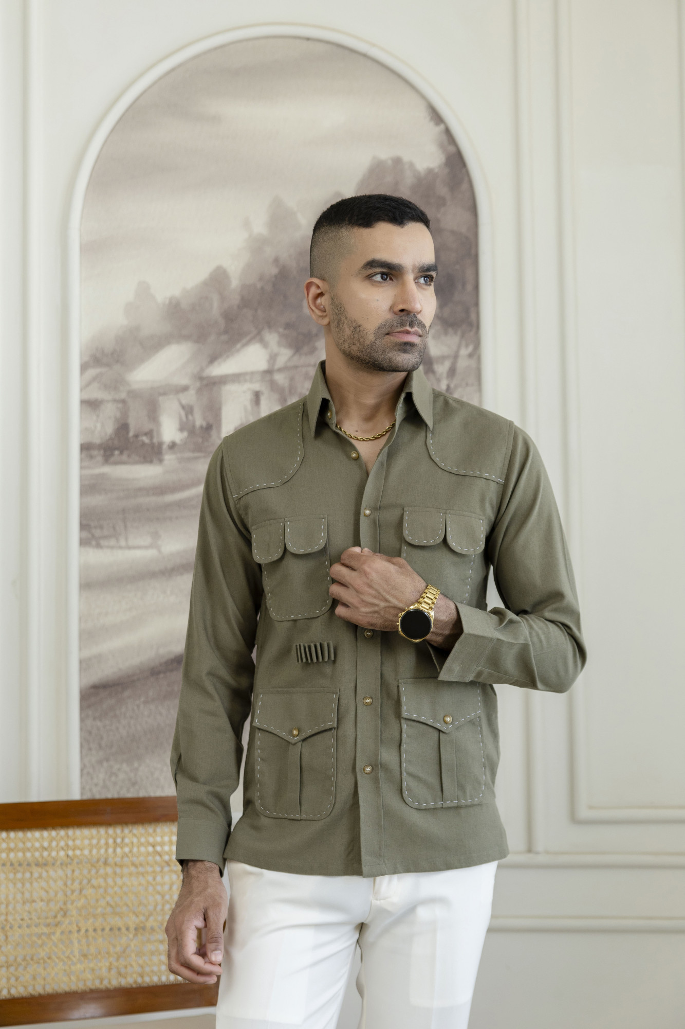 Linen Hunting Shacket In Olive