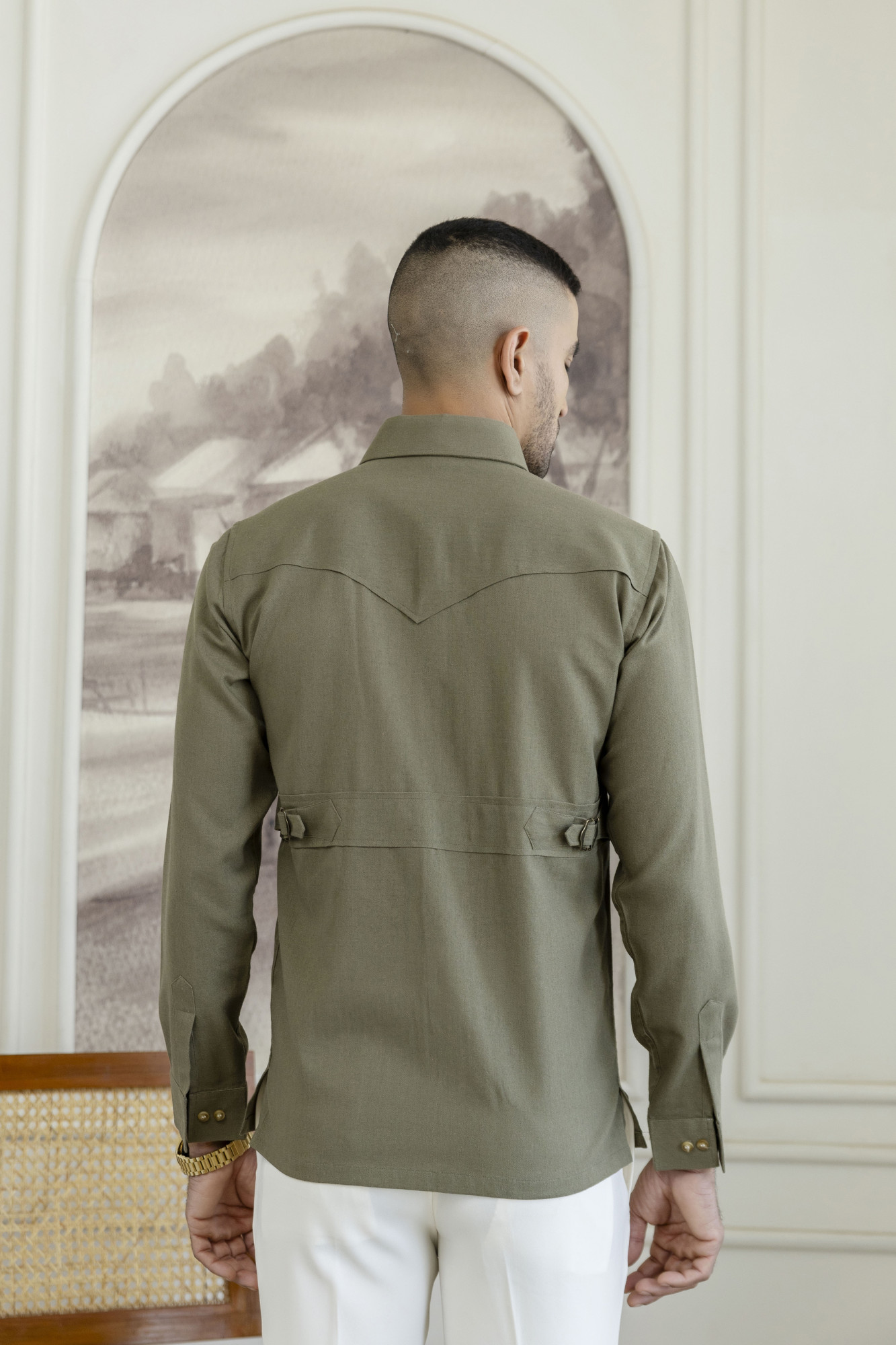 Linen Hunting Shacket In Olive