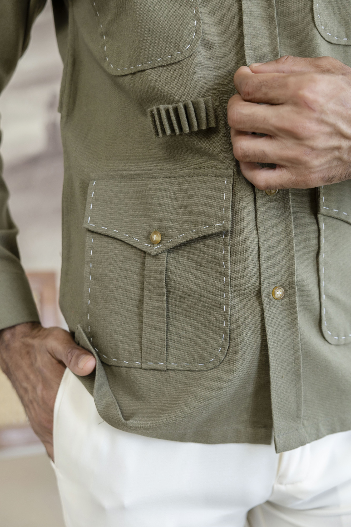 Linen Hunting Shacket In Olive