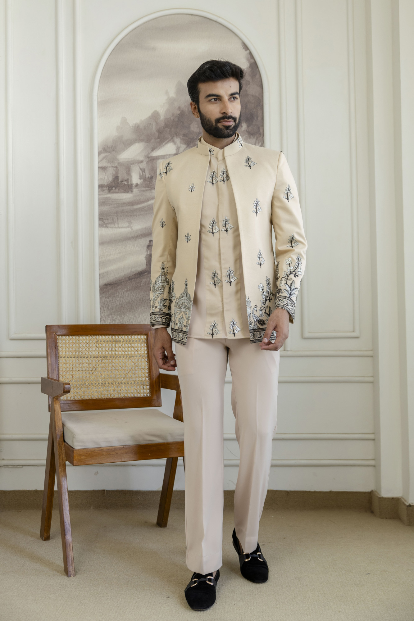 Embroidered Open Bandhgala Jacket In Beige