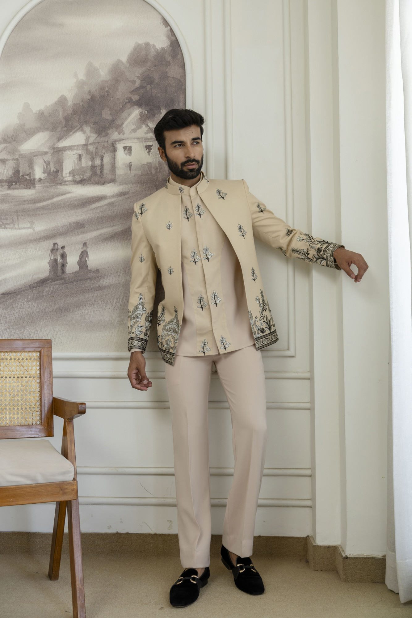 Embroidered Open Bandhgala Jacket In Beige