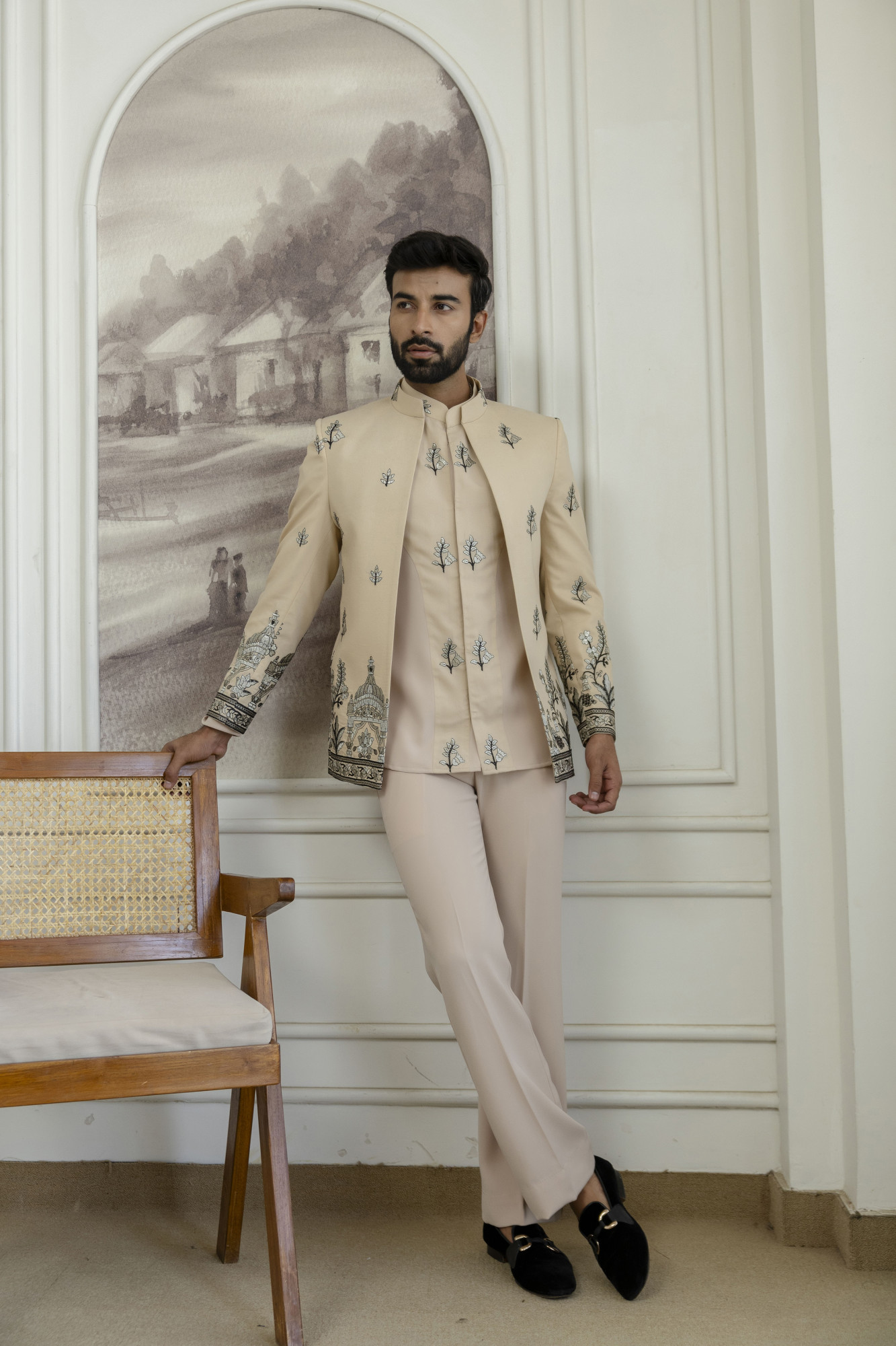 Embroidered Open Bandhgala Jacket In Beige