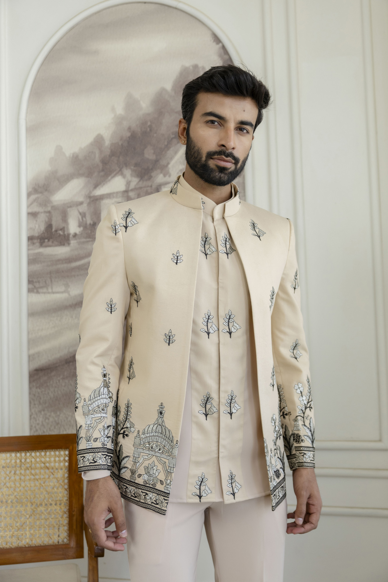Embroidered Open Bandhgala Jacket In Beige