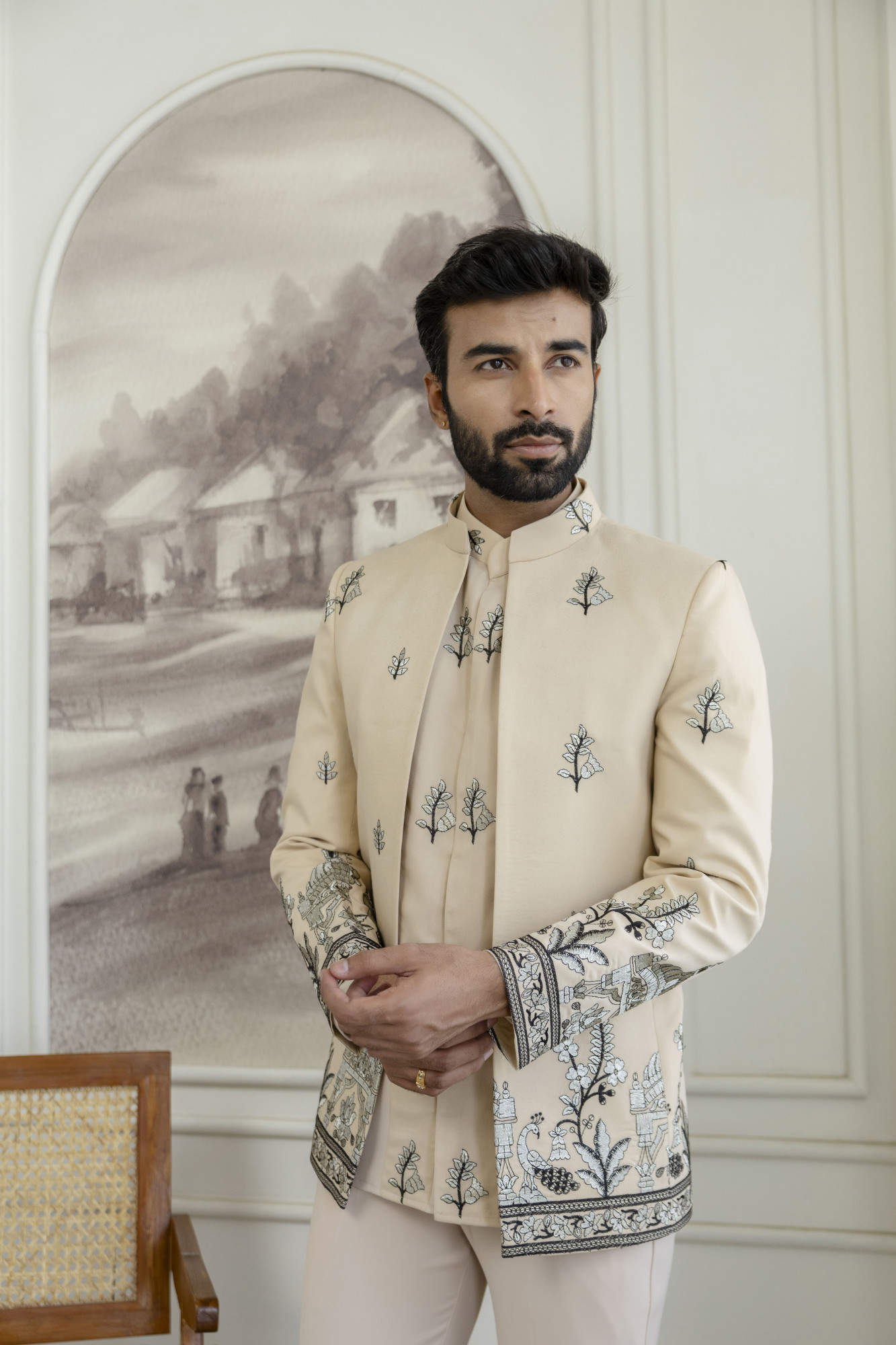 Embroidered Open Bandhgala Jacket In Beige
