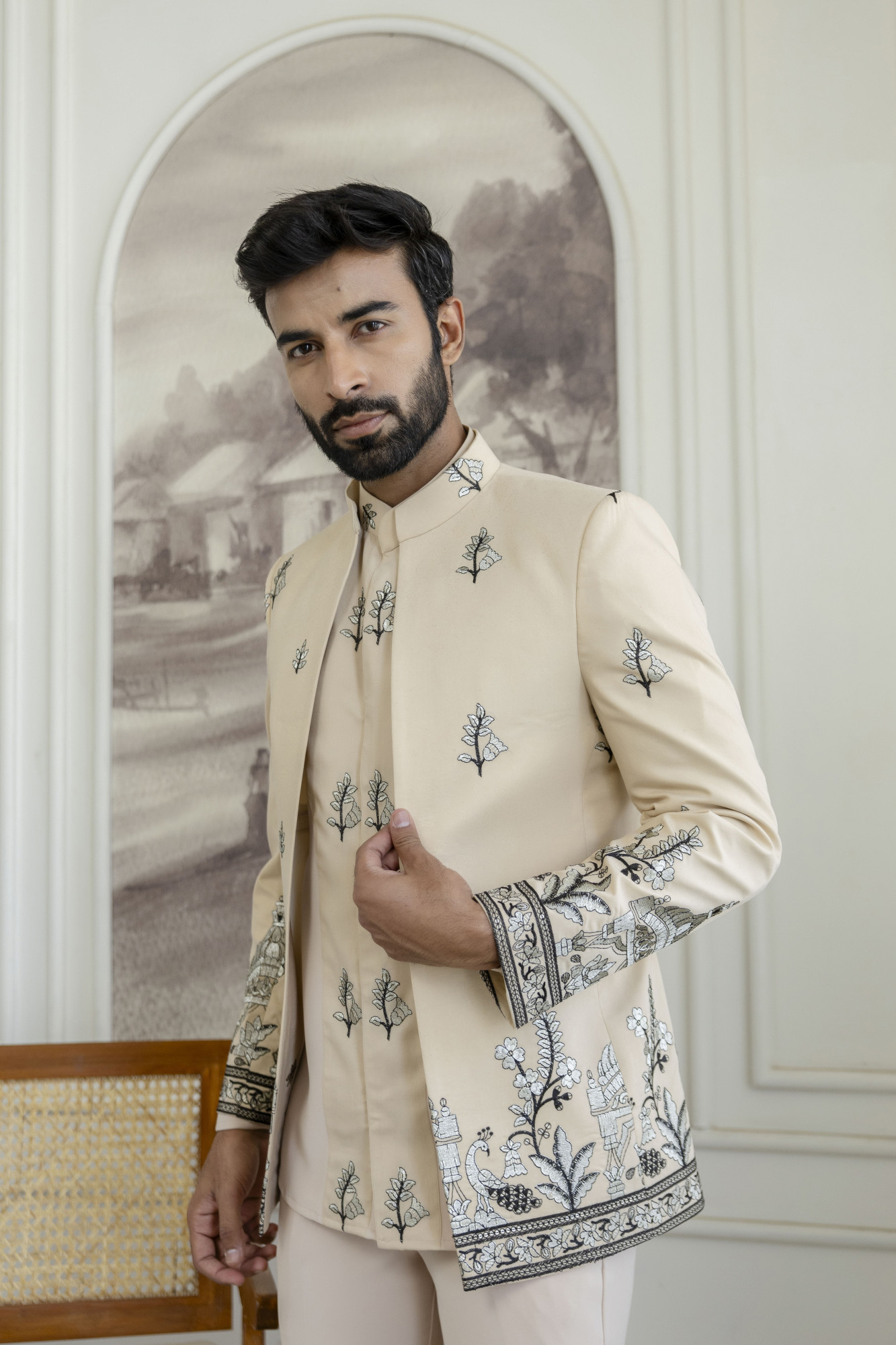 Embroidered Open Bandhgala Jacket In Beige