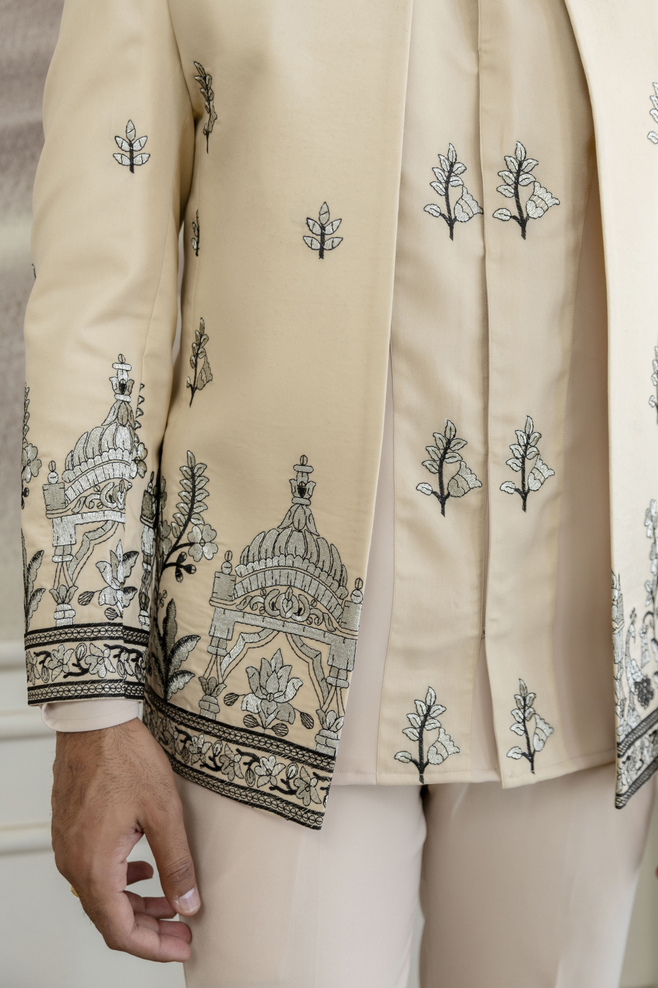Embroidered Open Bandhgala Jacket In Beige