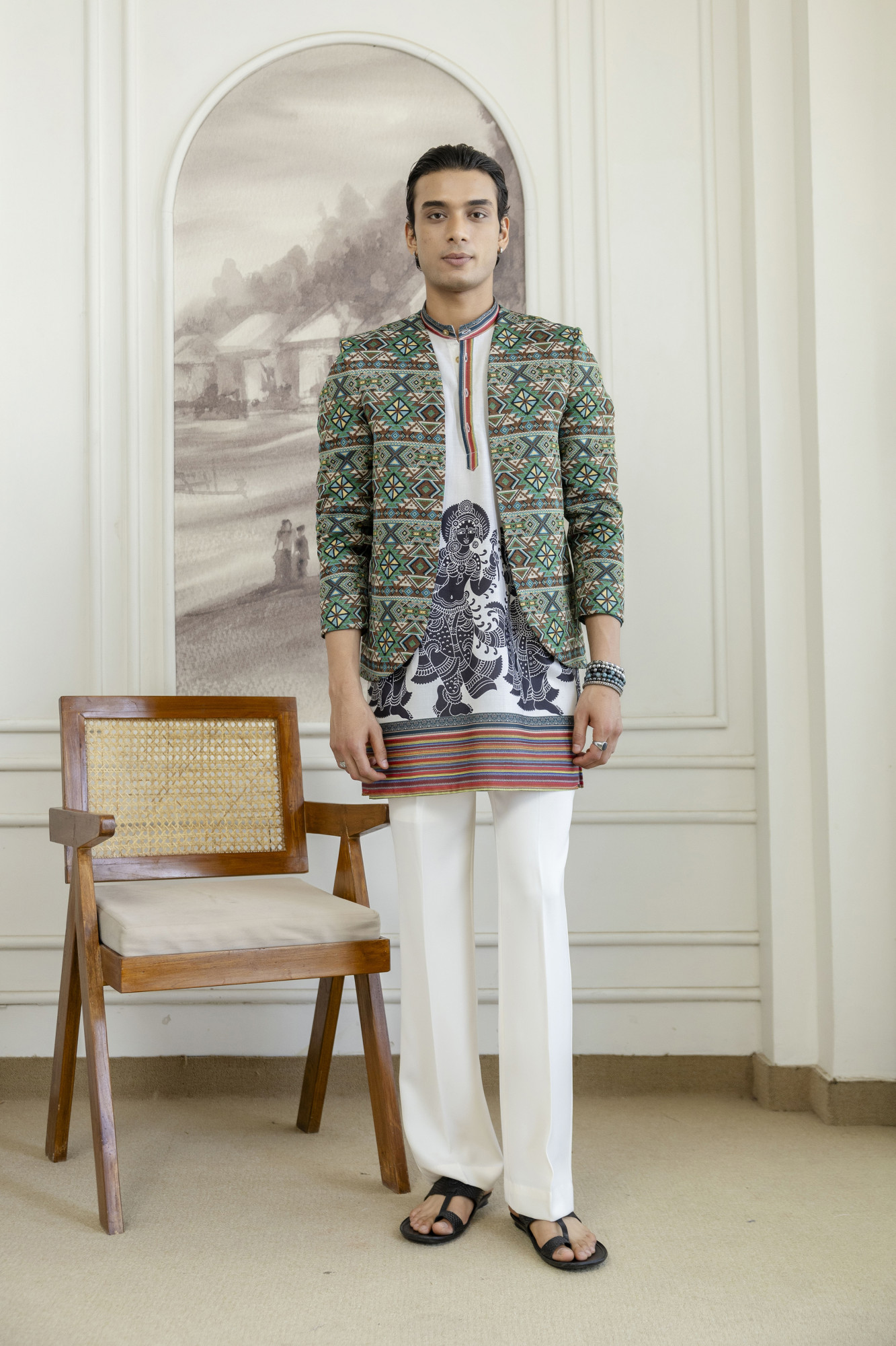 Printed Teri Kimono Jacket In Green