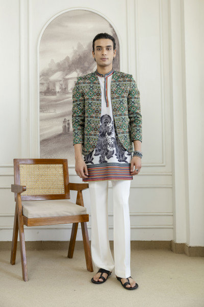 Printed Teri Kimono Jacket In Green