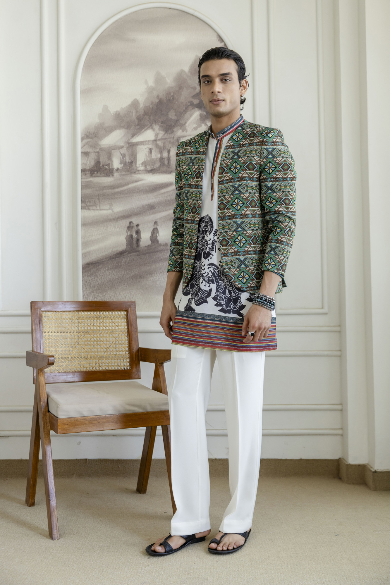 Printed Teri Kimono Jacket In Green