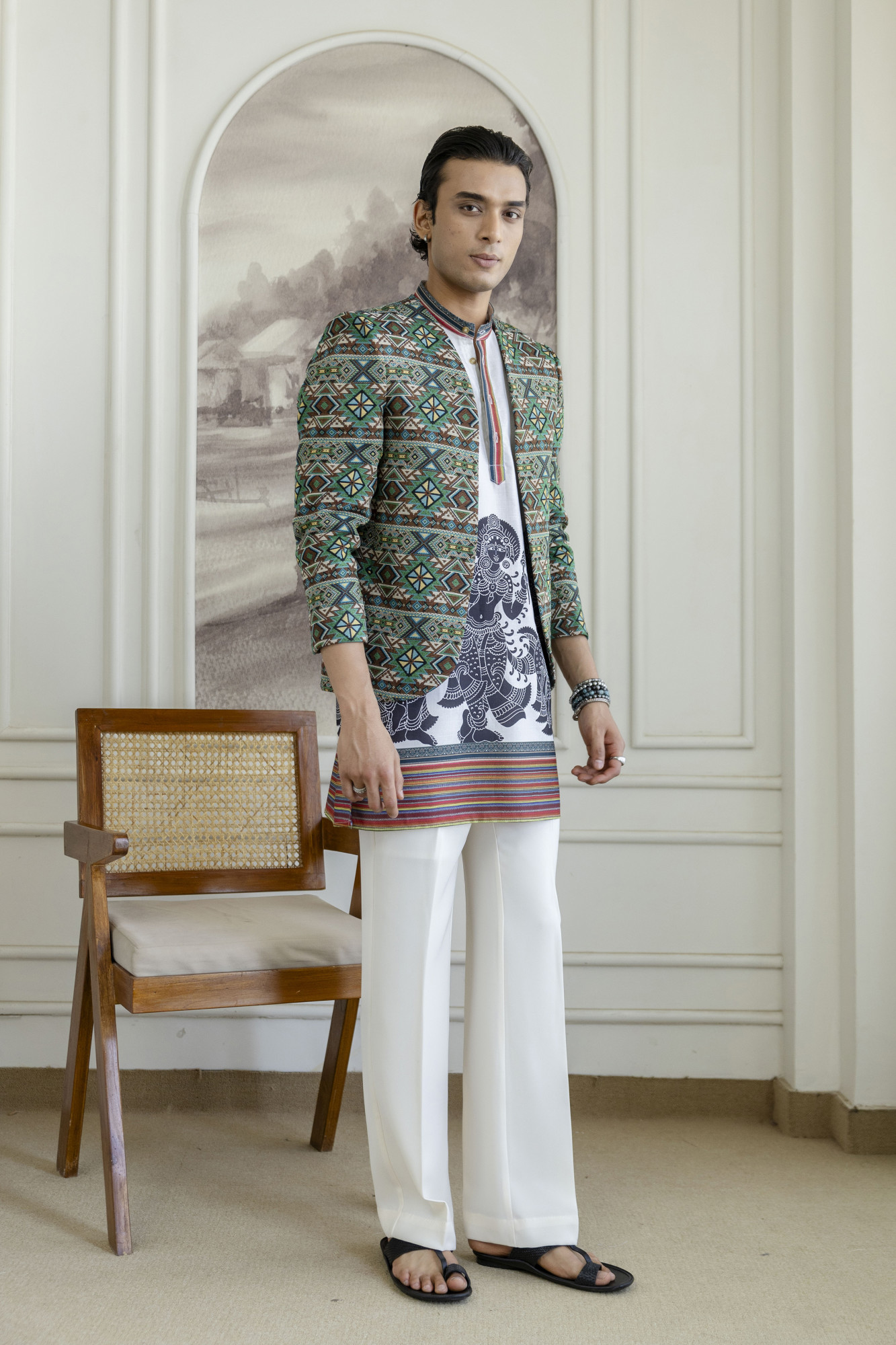 Printed Teri Kimono Jacket In Green