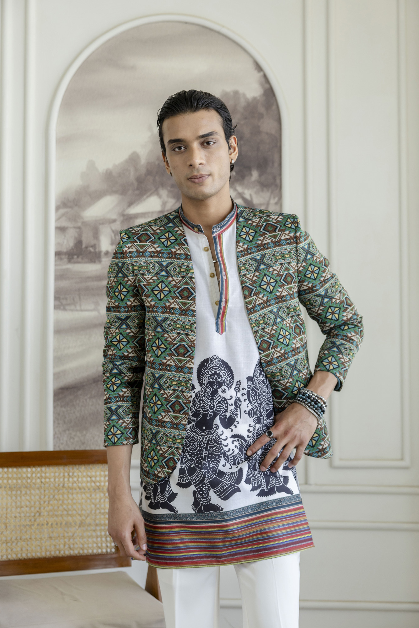 Printed Teri Kimono Jacket In Green