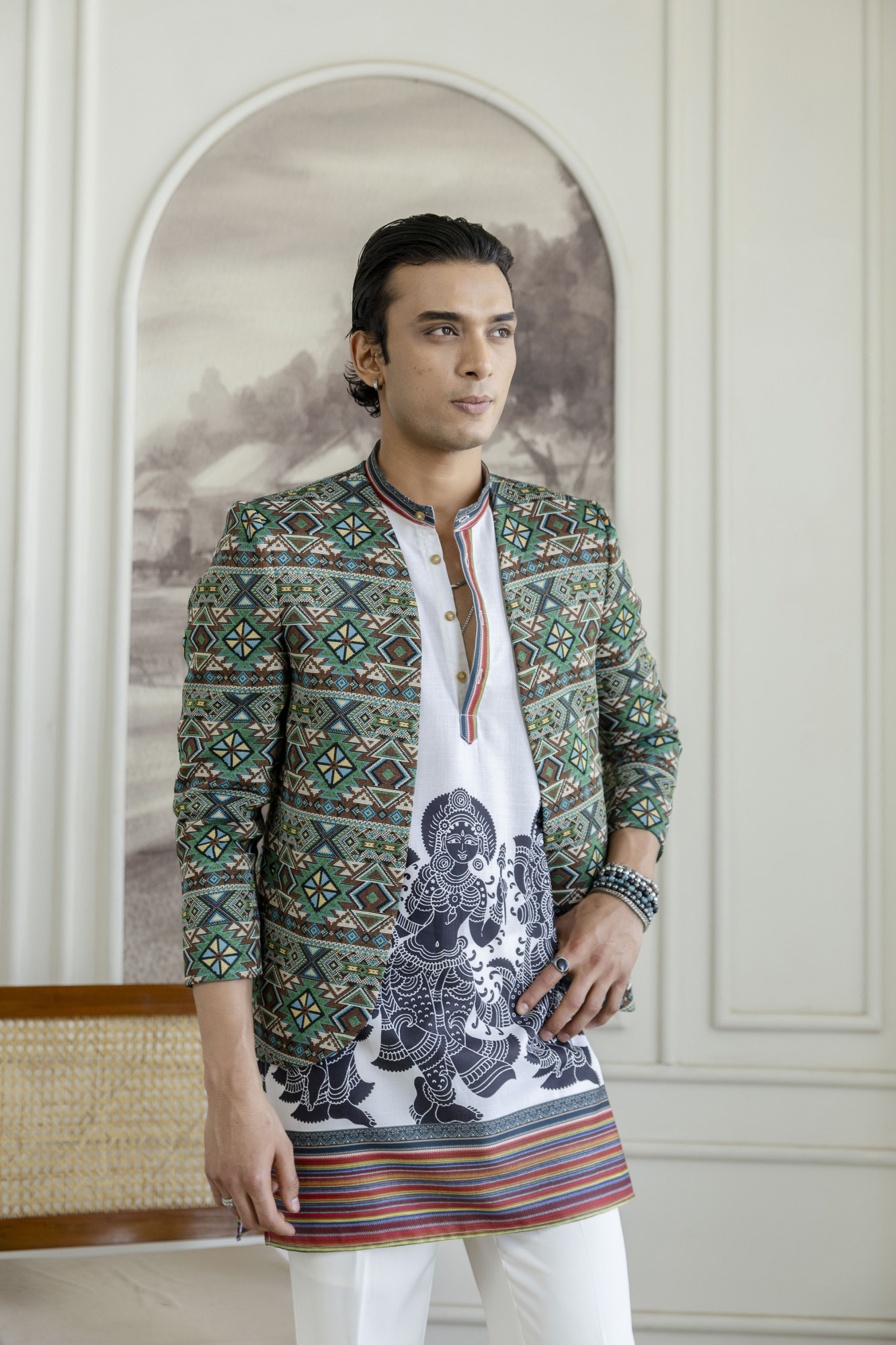 Printed Teri Kimono Jacket In Green