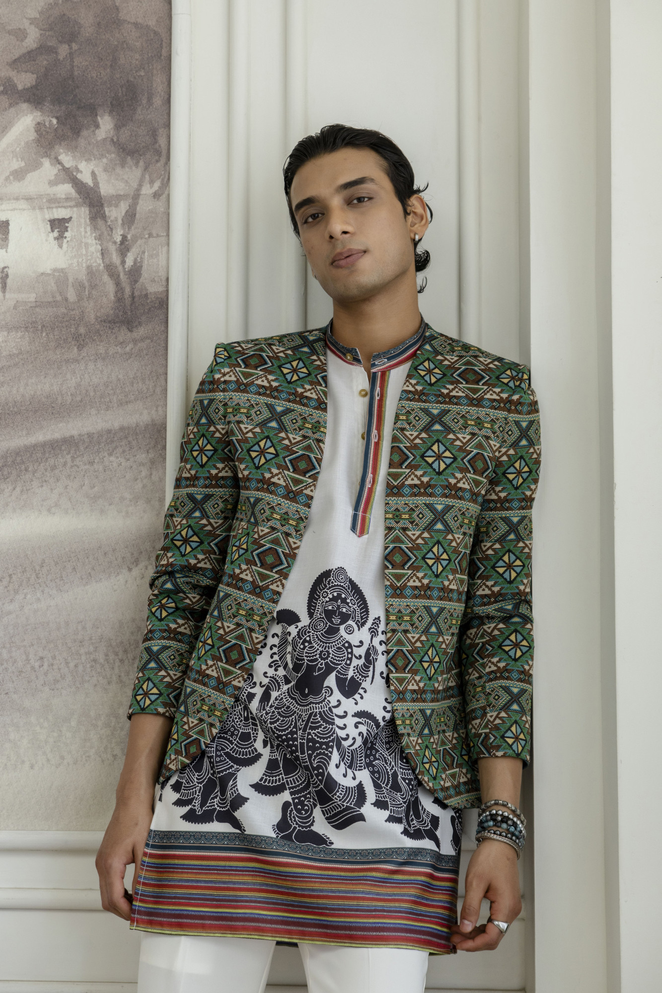 Printed Teri Kimono Jacket In Green