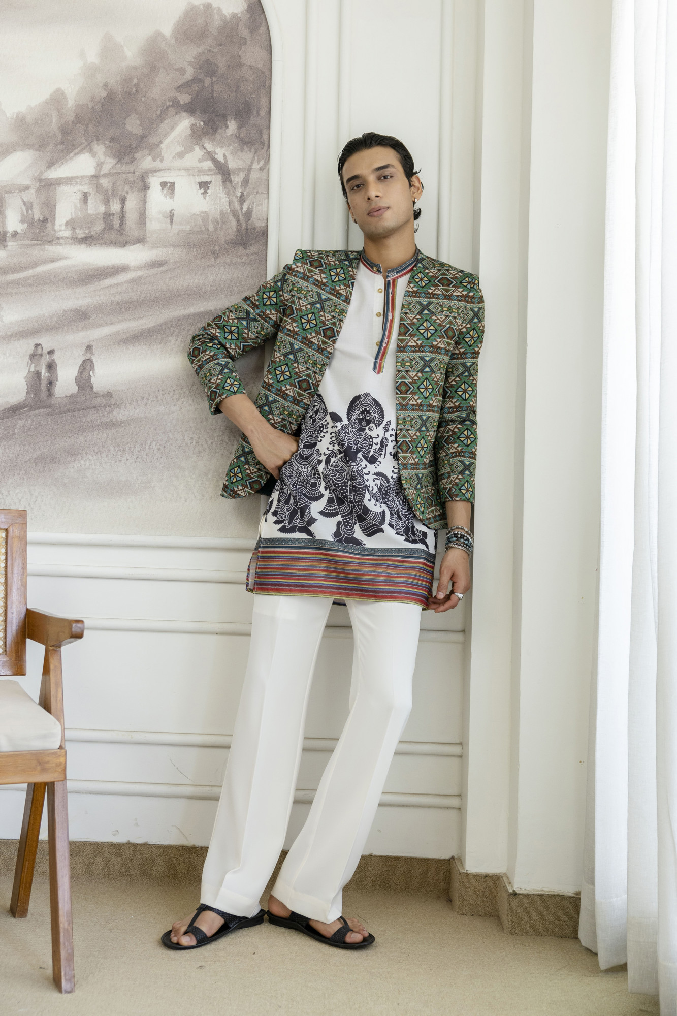 Printed Teri Kimono Jacket In Green