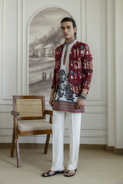 Printed Teri Kimono Jacket In Red
