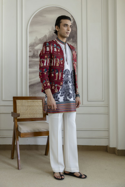 Printed Teri Kimono Jacket In Red