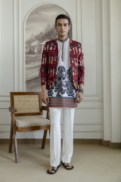 Printed Teri Kimono Jacket In Red