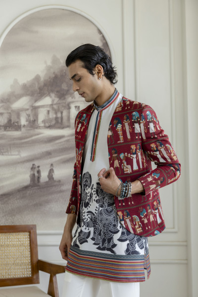 Printed Teri Kimono Jacket In Red